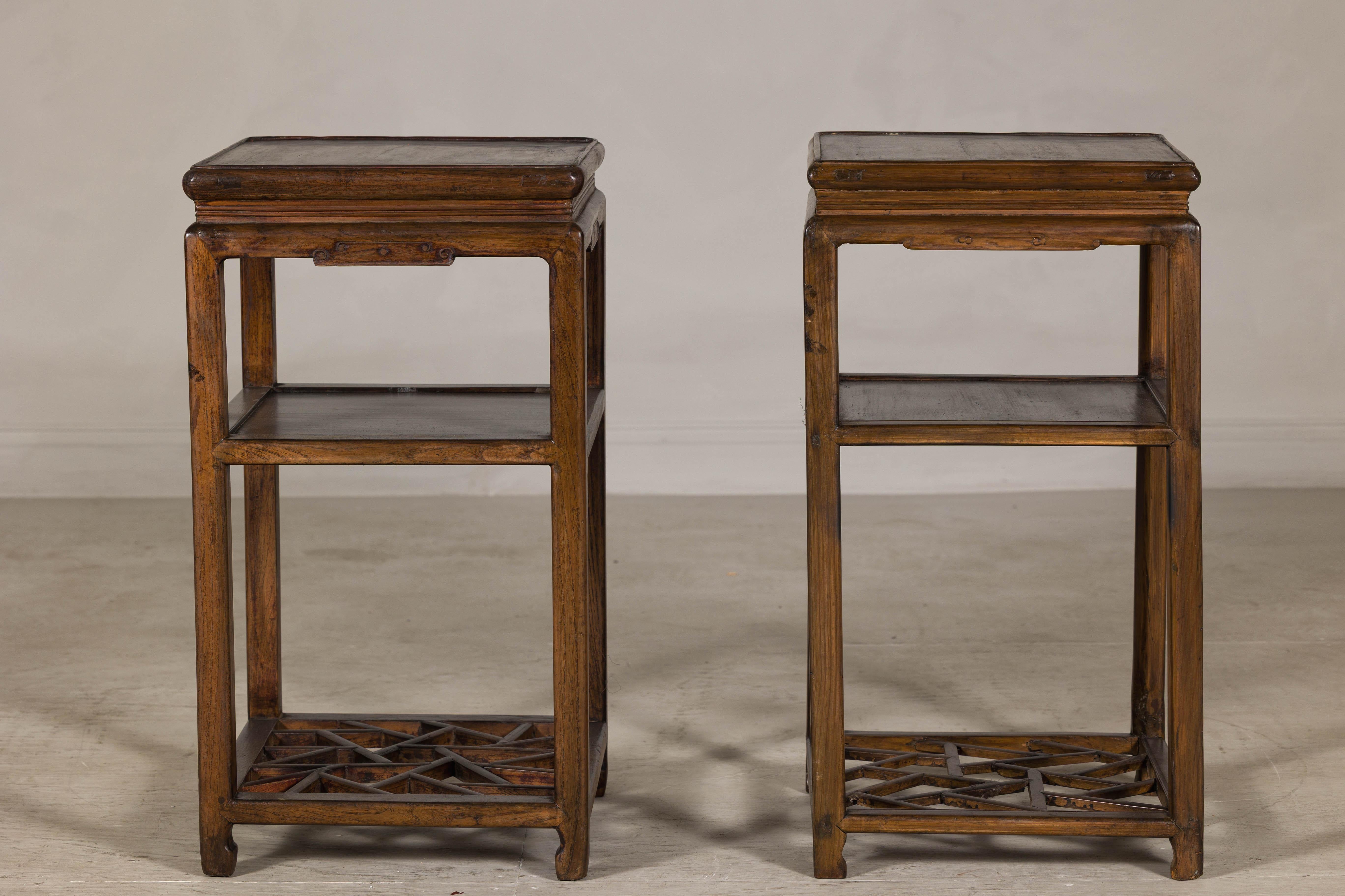 Near Pair of Hardwood End Tables with Fretwork Geometric Base, Vintage For Sale 9