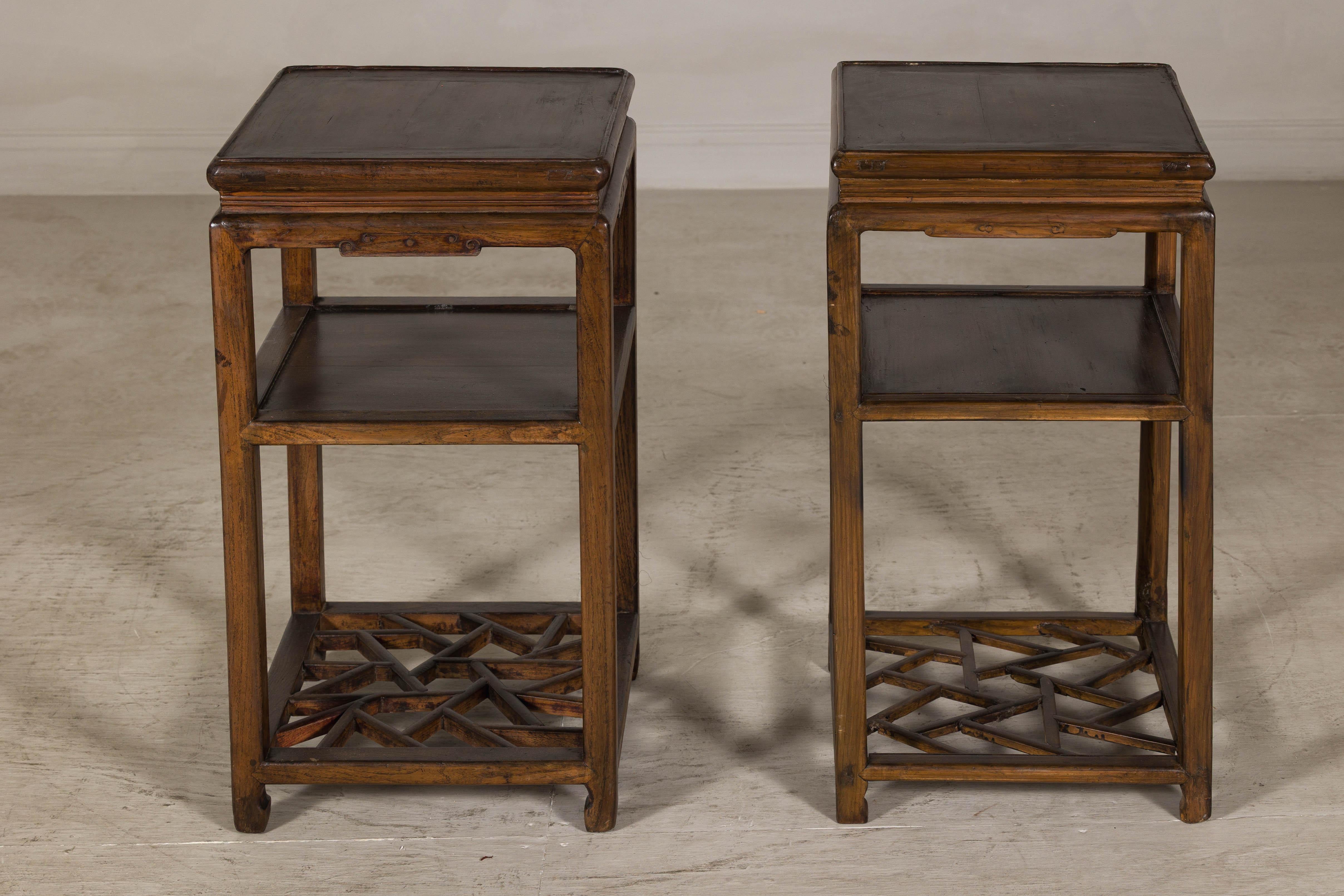 Near Pair of Hardwood End Tables with Fretwork Geometric Base, Vintage For Sale 10