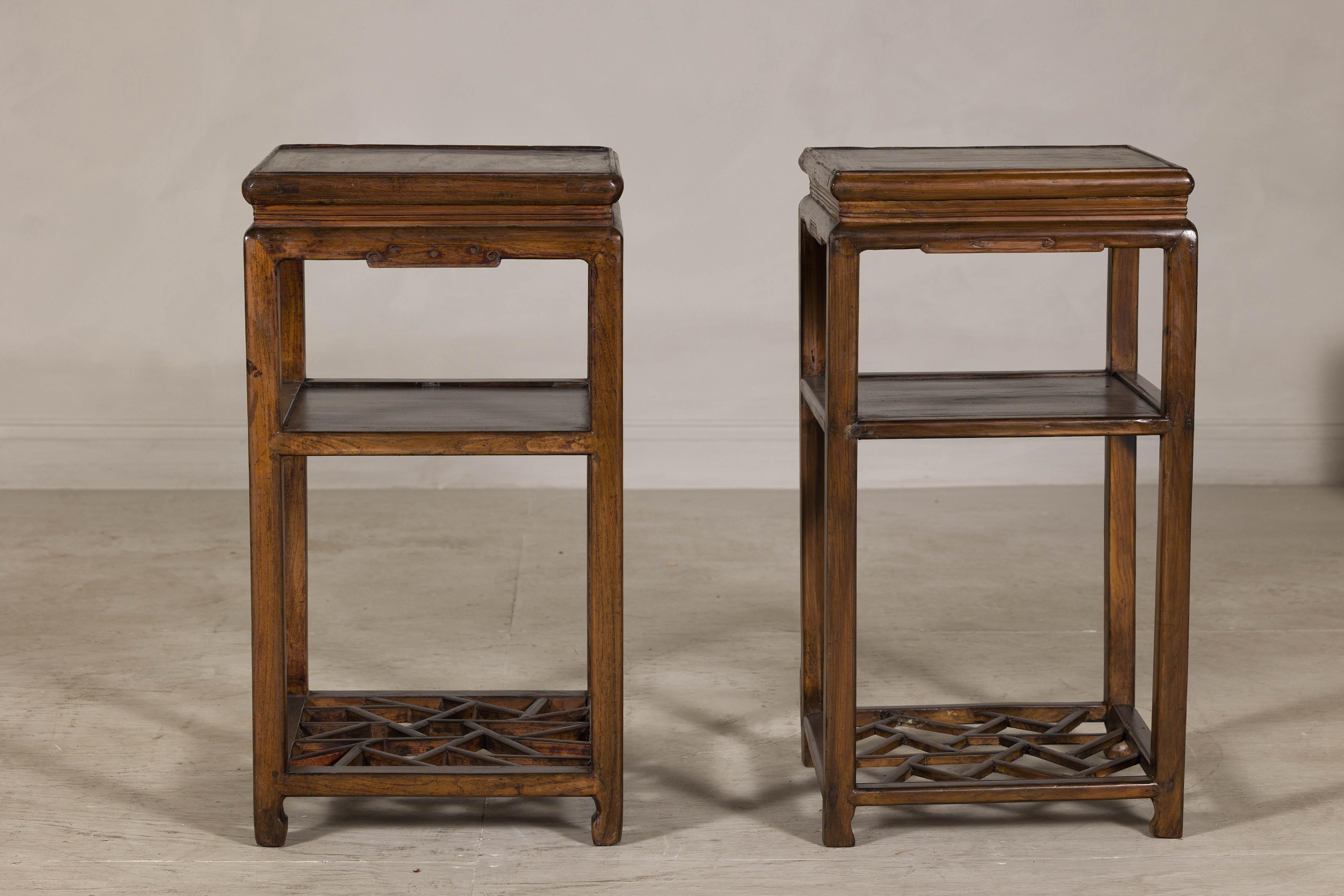 Near Pair of Hardwood End Tables with Fretwork Geometric Base, Vintage For Sale 11