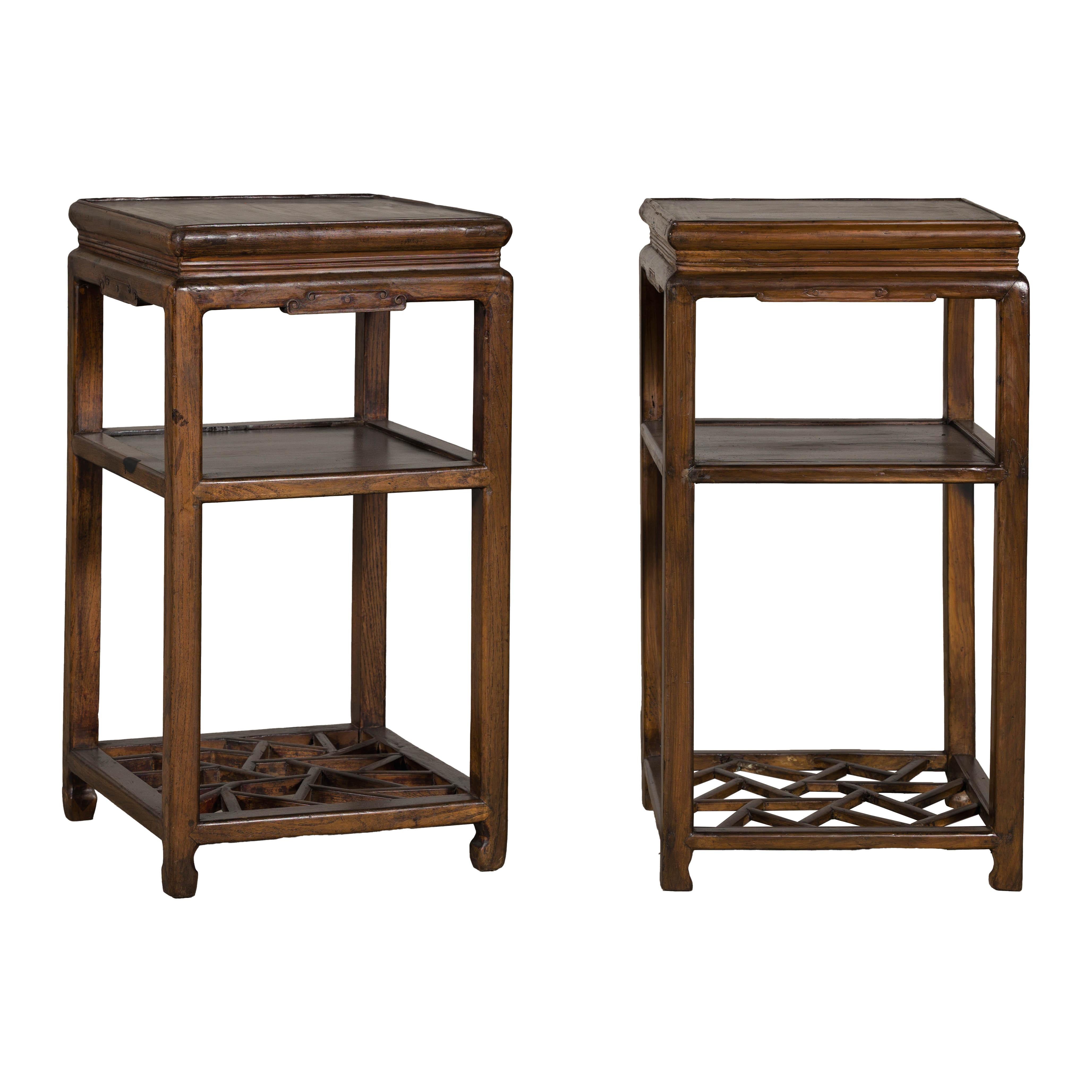 Near Pair of Hardwood End Tables with Fretwork Geometric Base, Vintage For Sale 12
