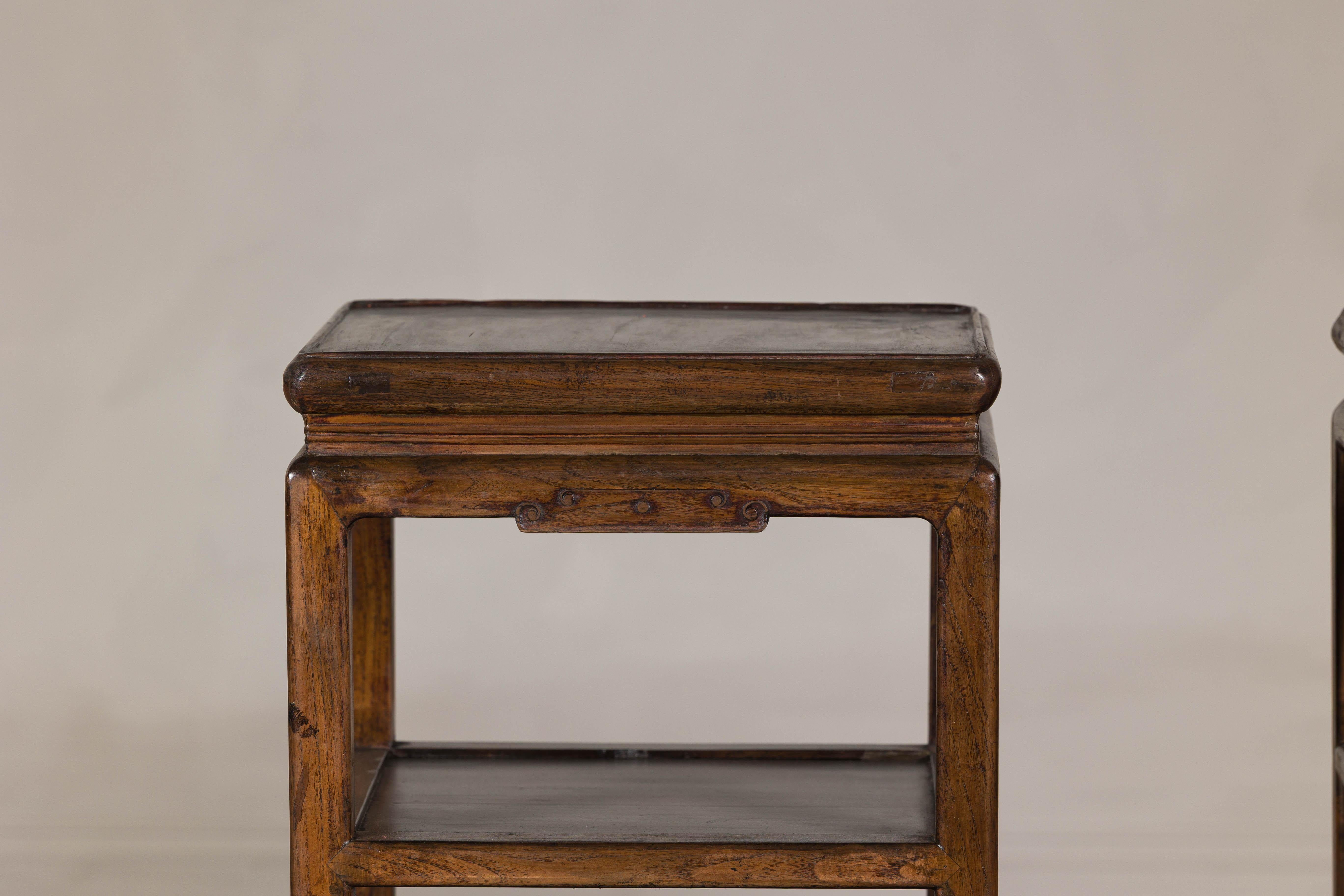 Chinese Near Pair of Hardwood End Tables with Fretwork Geometric Base, Vintage For Sale
