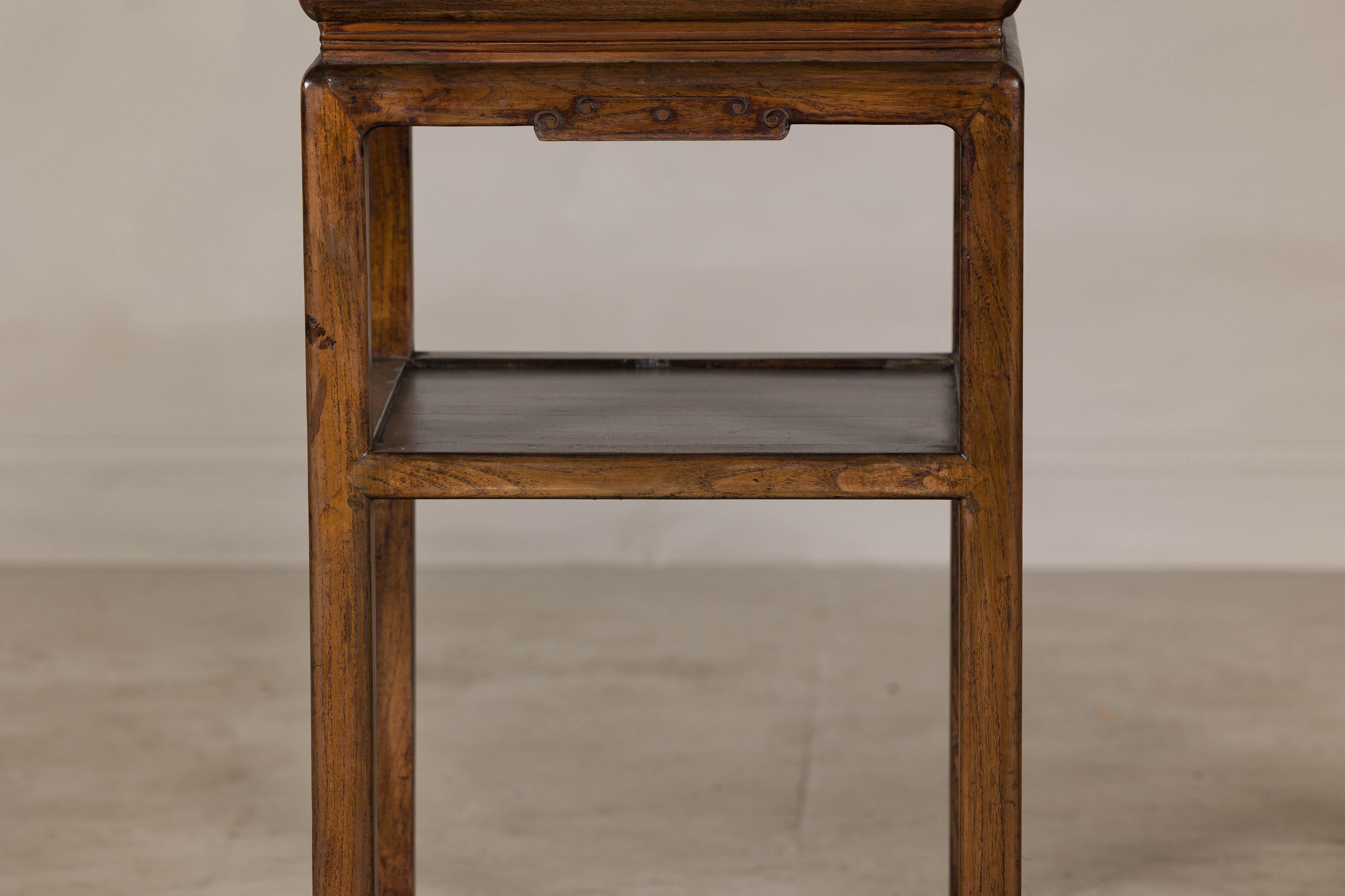 Stained Near Pair of Hardwood End Tables with Fretwork Geometric Base, Vintage For Sale