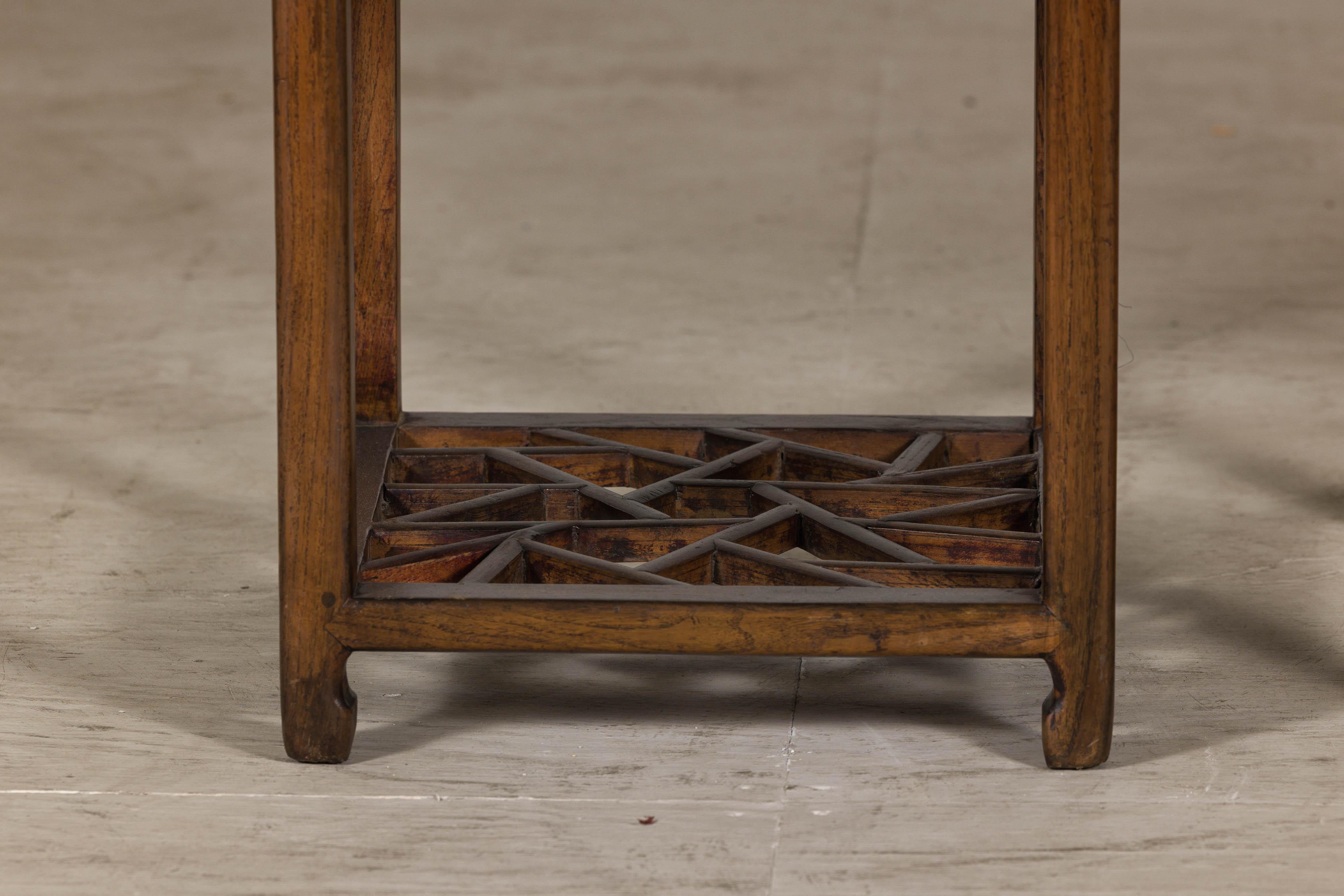 Near Pair of Hardwood End Tables with Fretwork Geometric Base, Vintage In Good Condition For Sale In Yonkers, NY