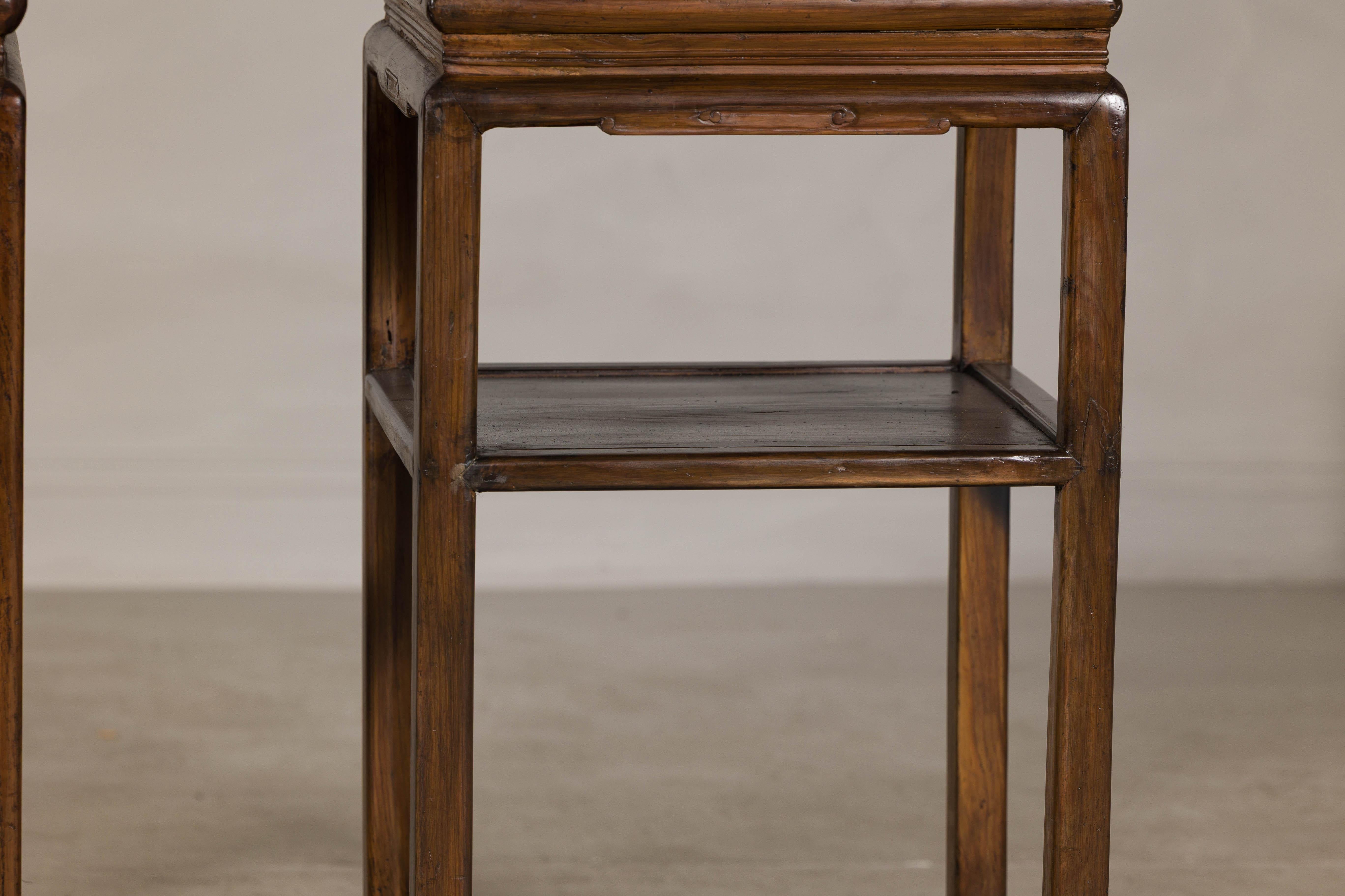Near Pair of Hardwood End Tables with Fretwork Geometric Base, Vintage For Sale 1