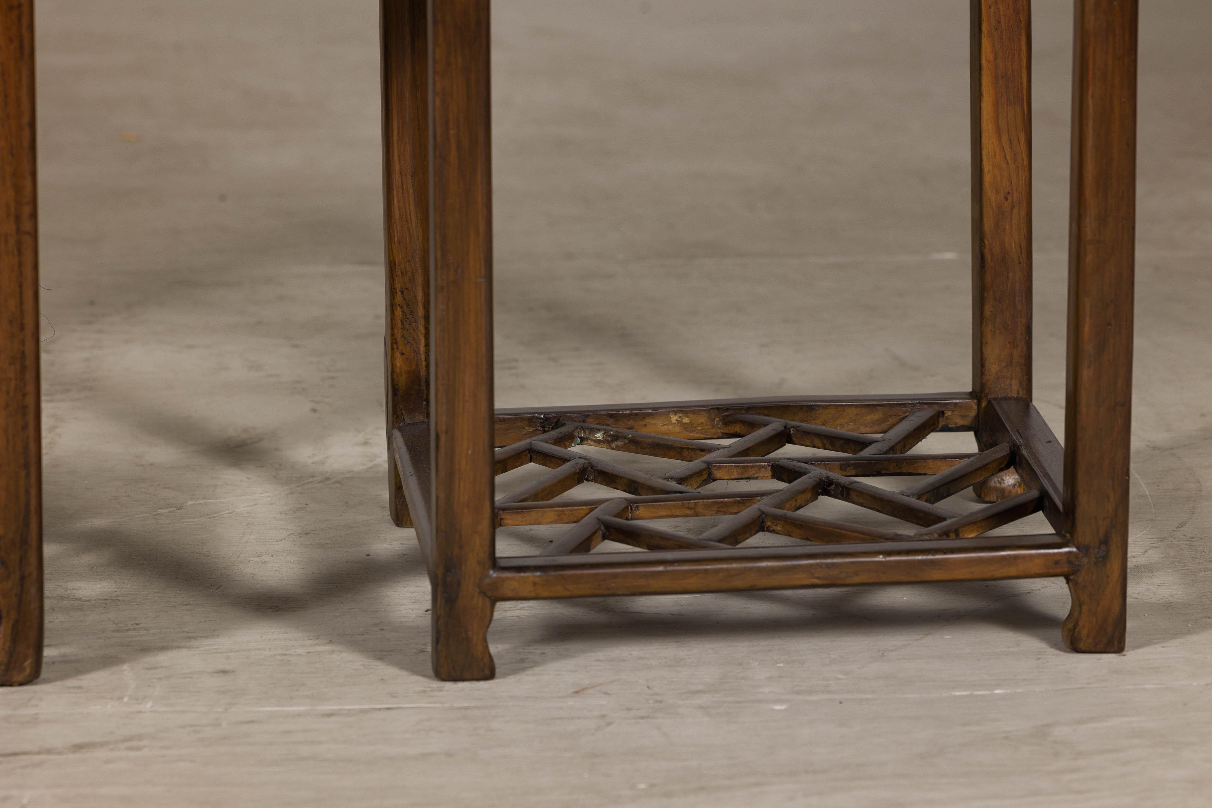 Near Pair of Hardwood End Tables with Fretwork Geometric Base, Vintage For Sale 2