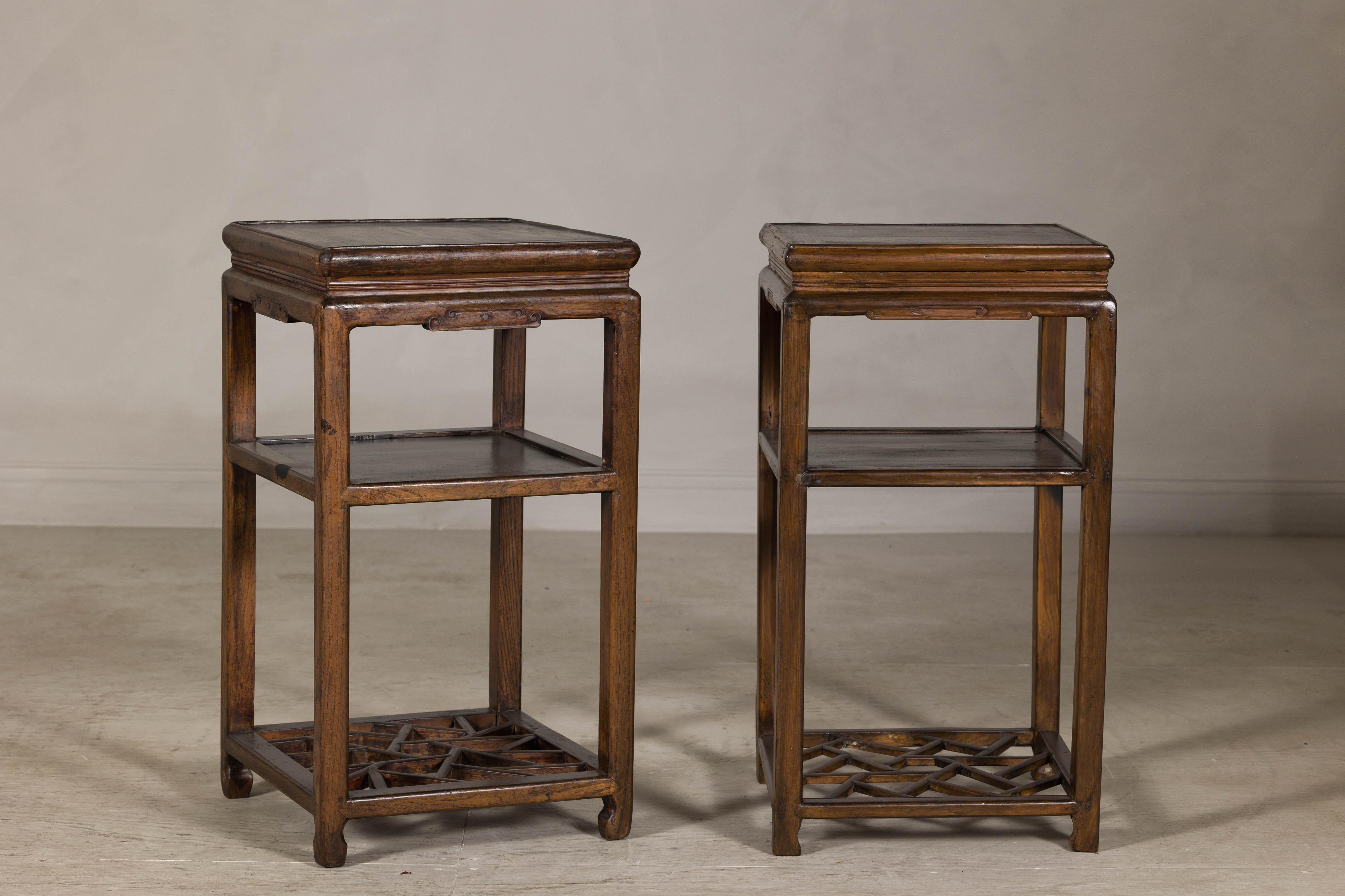 Near Pair of Hardwood End Tables with Fretwork Geometric Base, Vintage For Sale 3