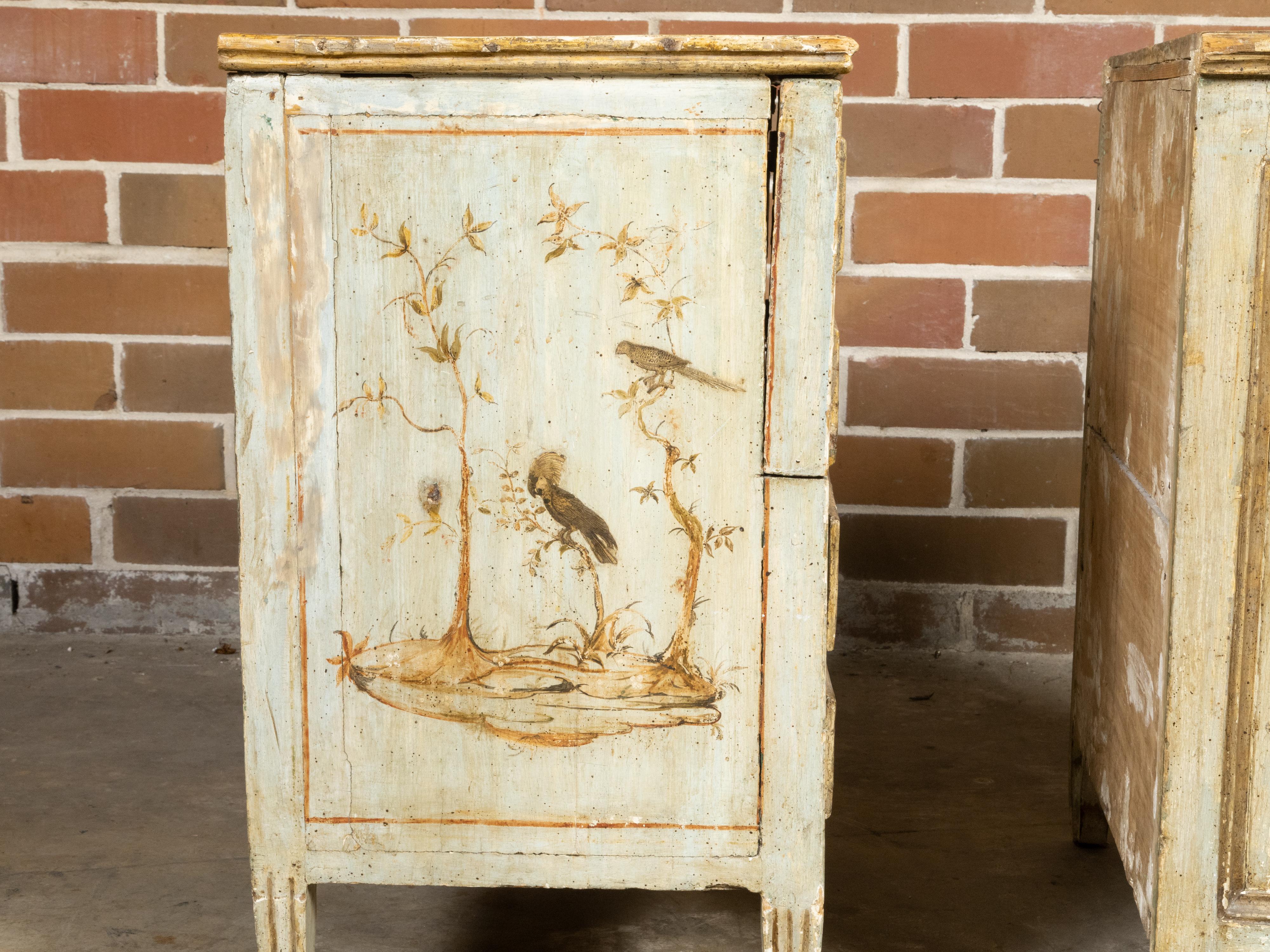 Near Pair of Italian 1800s Bedside Tables with Hand-Painted Bird Décor 5