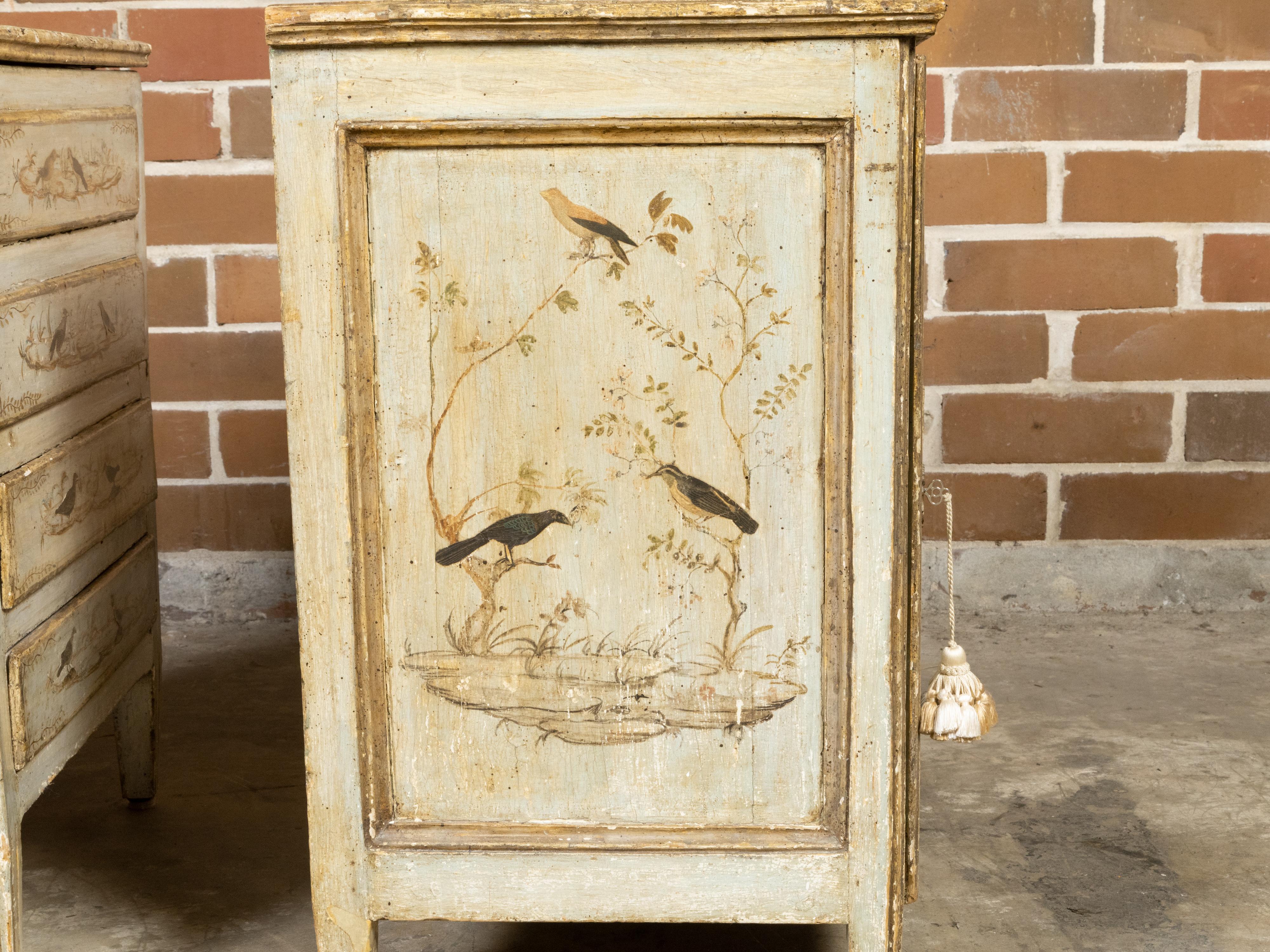 Near Pair of Italian 1800s Bedside Tables with Hand-Painted Bird Décor 7