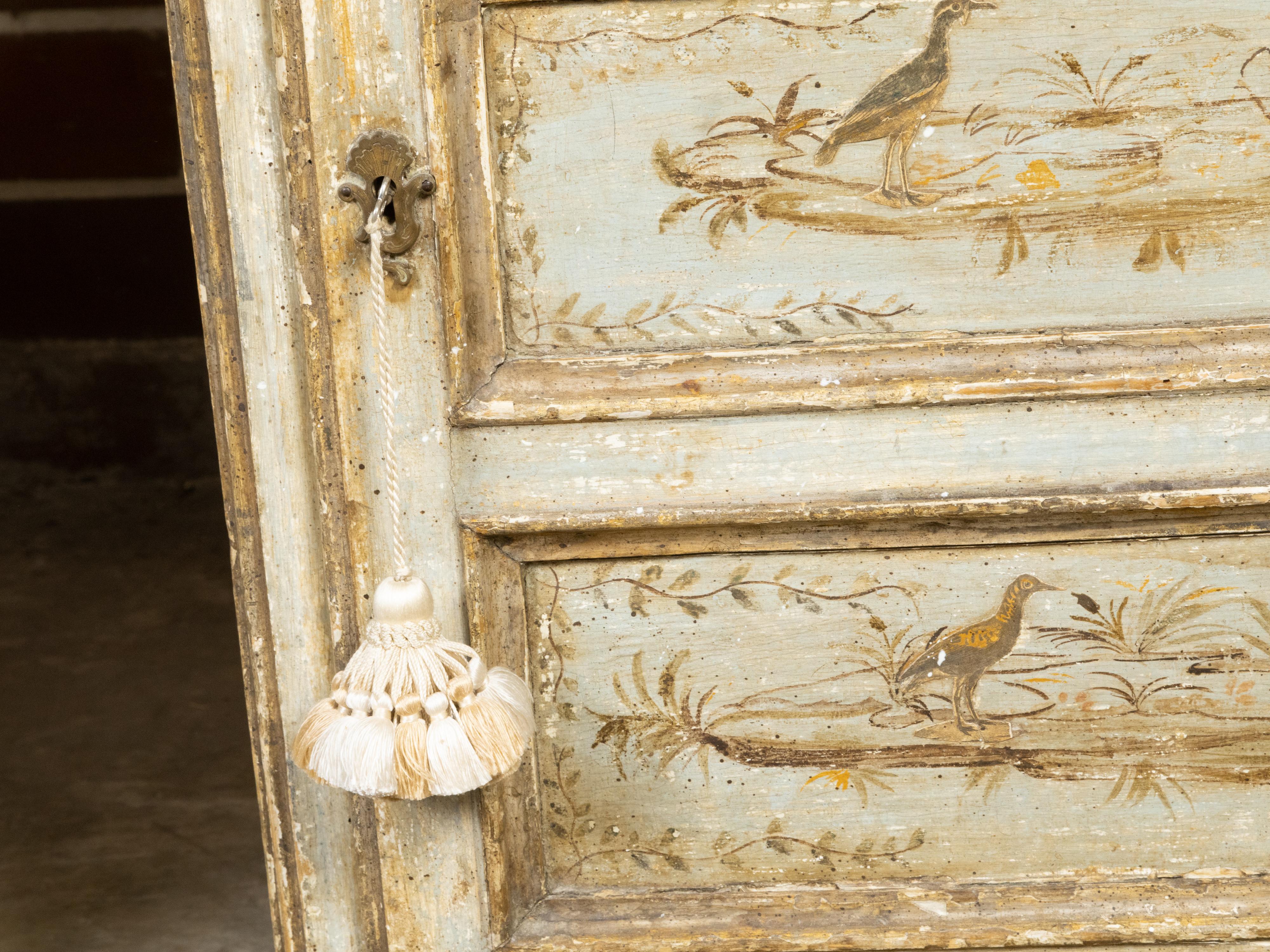 Near Pair of Italian 1800s Bedside Tables with Hand-Painted Bird Décor 11