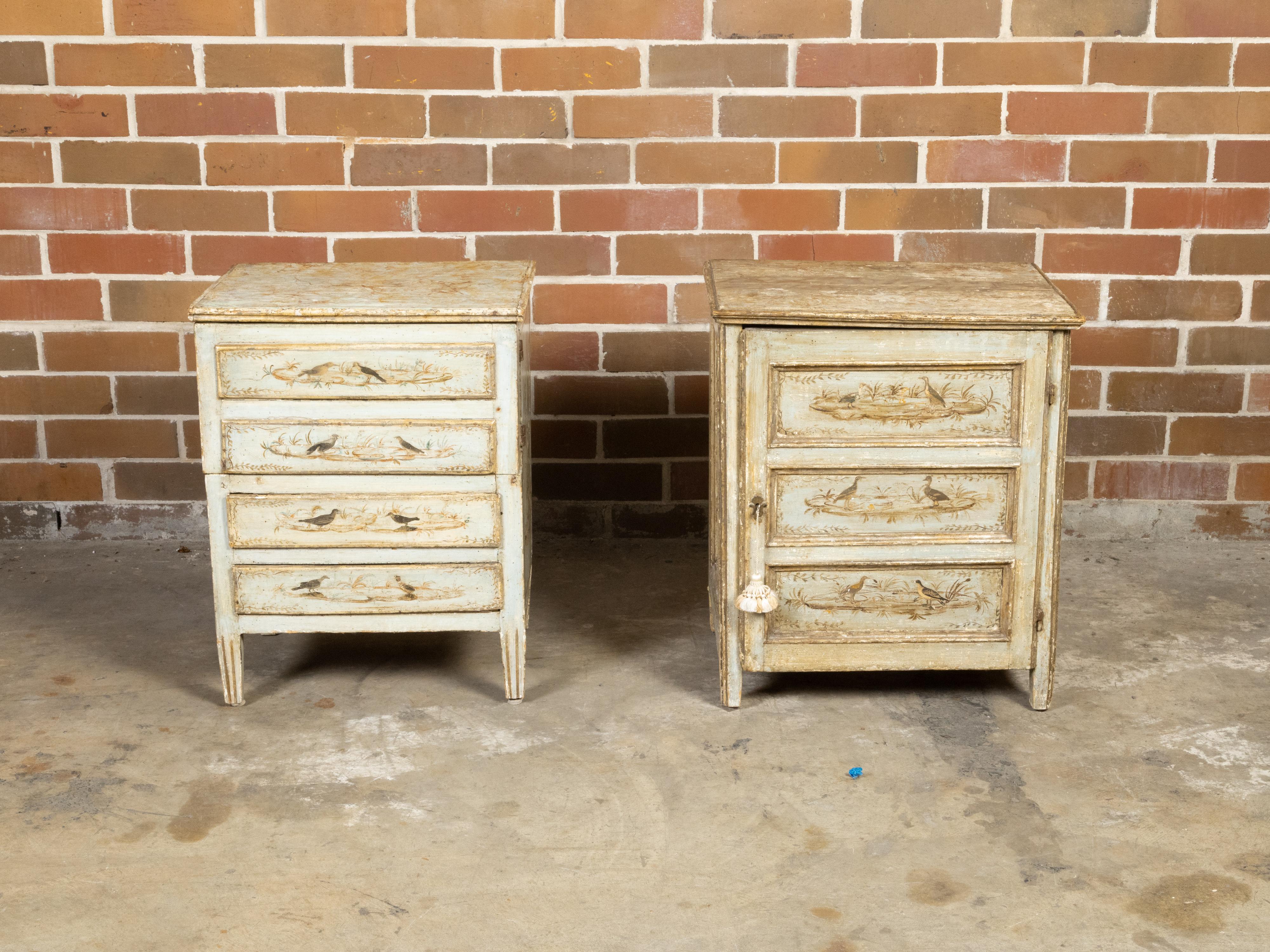 A near pair of Italian bedside tables from the early 19th century, with painted birds and ducks, doors and drawers. Please note that the pieces are unmatched but have been together for years and we are keeping them that way. Created in Italy during