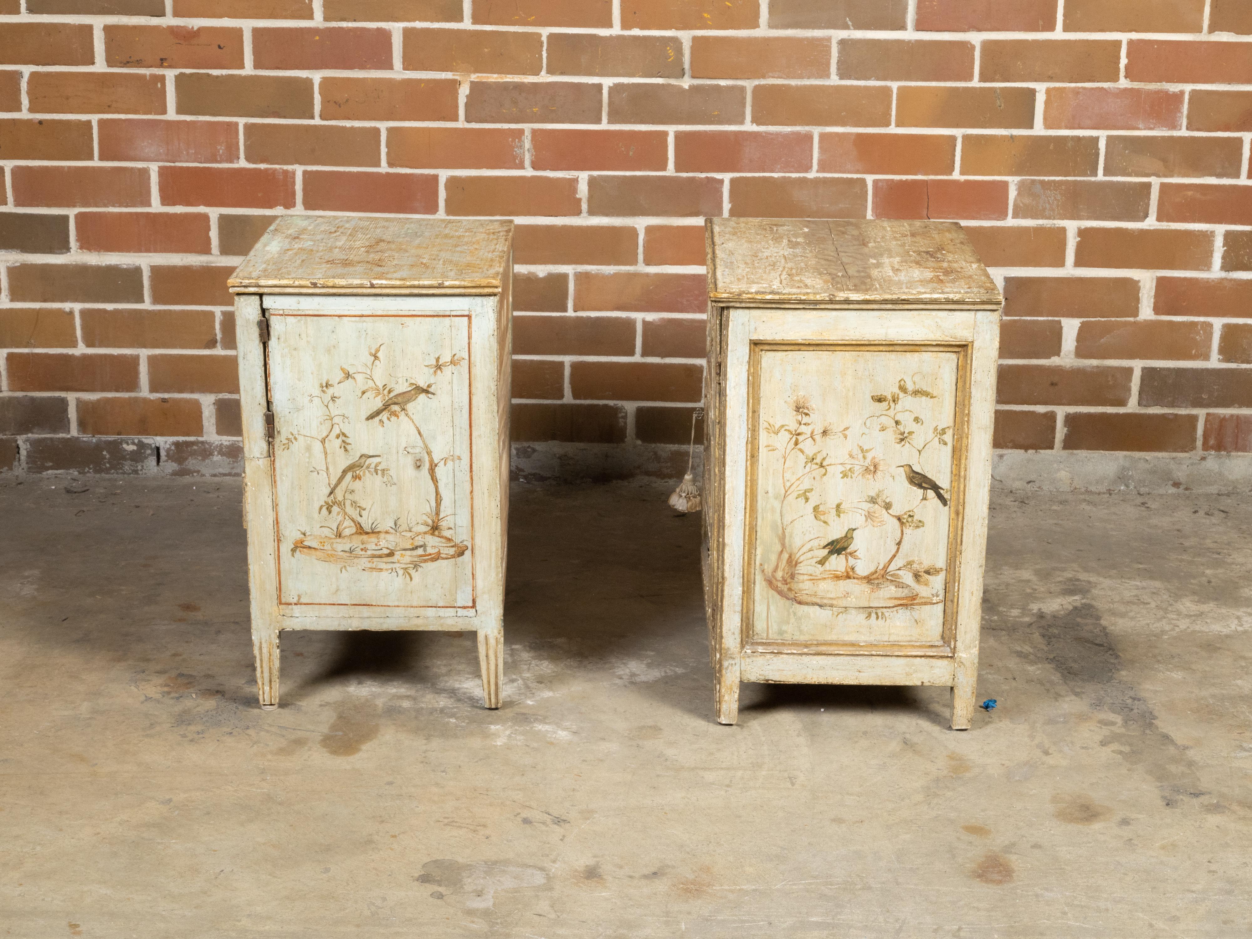 19th Century Near Pair of Italian 1800s Bedside Tables with Hand-Painted Bird Décor