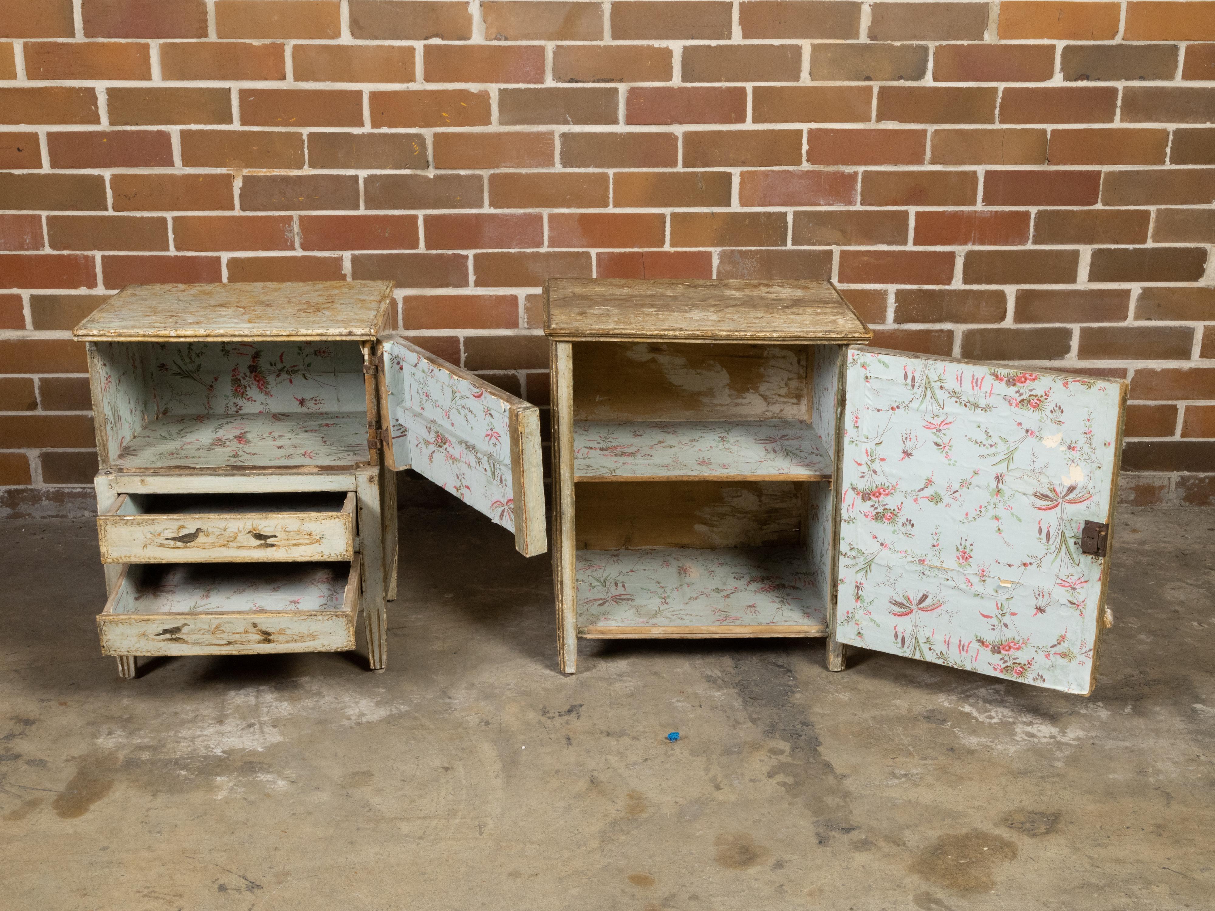 Near Pair of Italian 1800s Bedside Tables with Hand-Painted Bird Décor 1