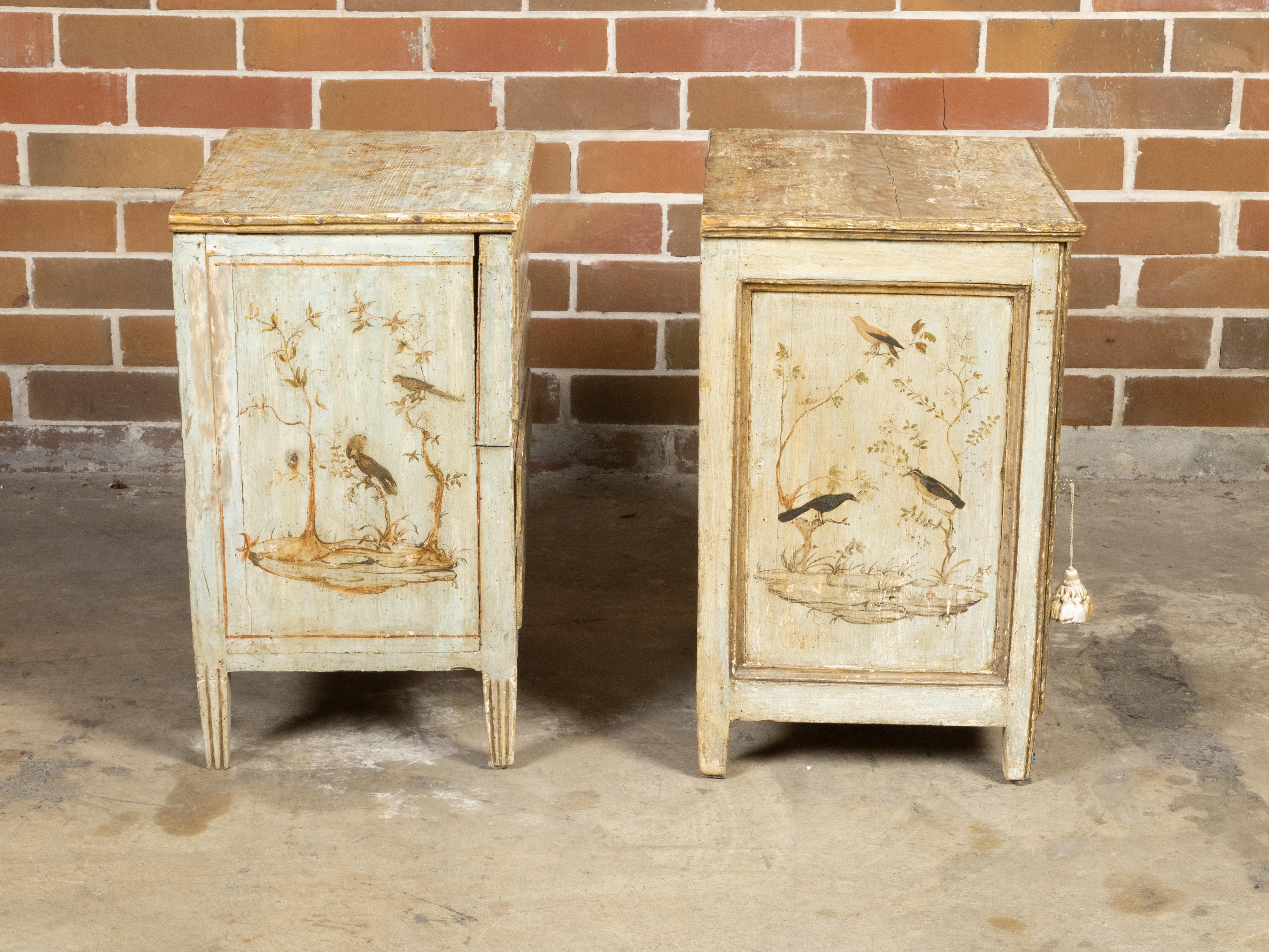 Near Pair of Italian 1800s Bedside Tables with Hand-Painted Bird Décor 4