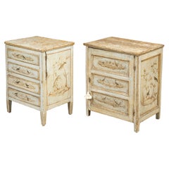 Antique Near Pair of Italian 1800s Bedside Tables with Hand-Painted Bird Décor