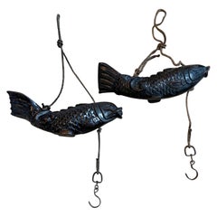 Near Pair of Japanese Jizai Kagi Wood Koi Folk Art Sculptures