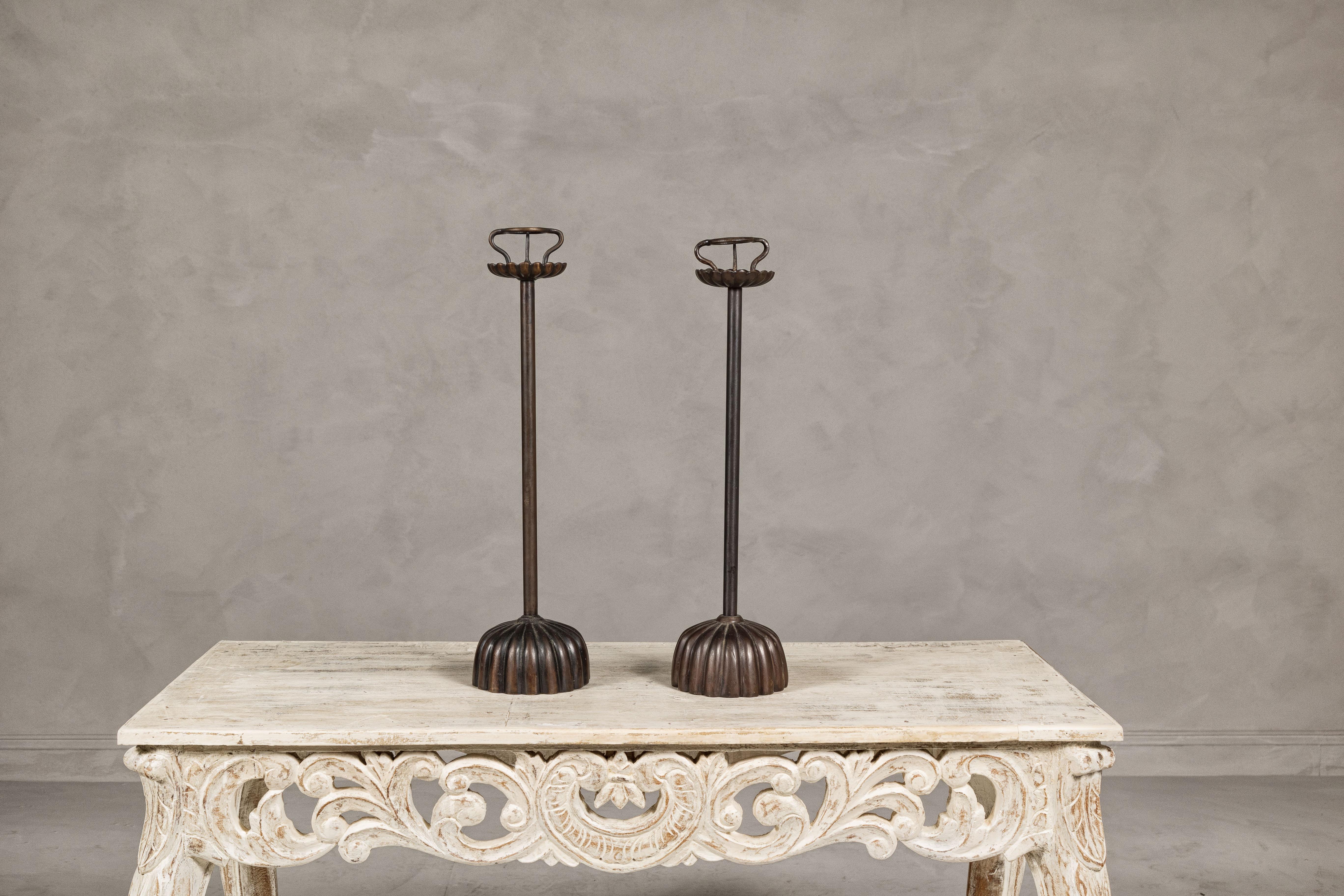 Near Pair of Japanese Metal Candleholders with Gadrooned Base In Good Condition For Sale In Yonkers, NY