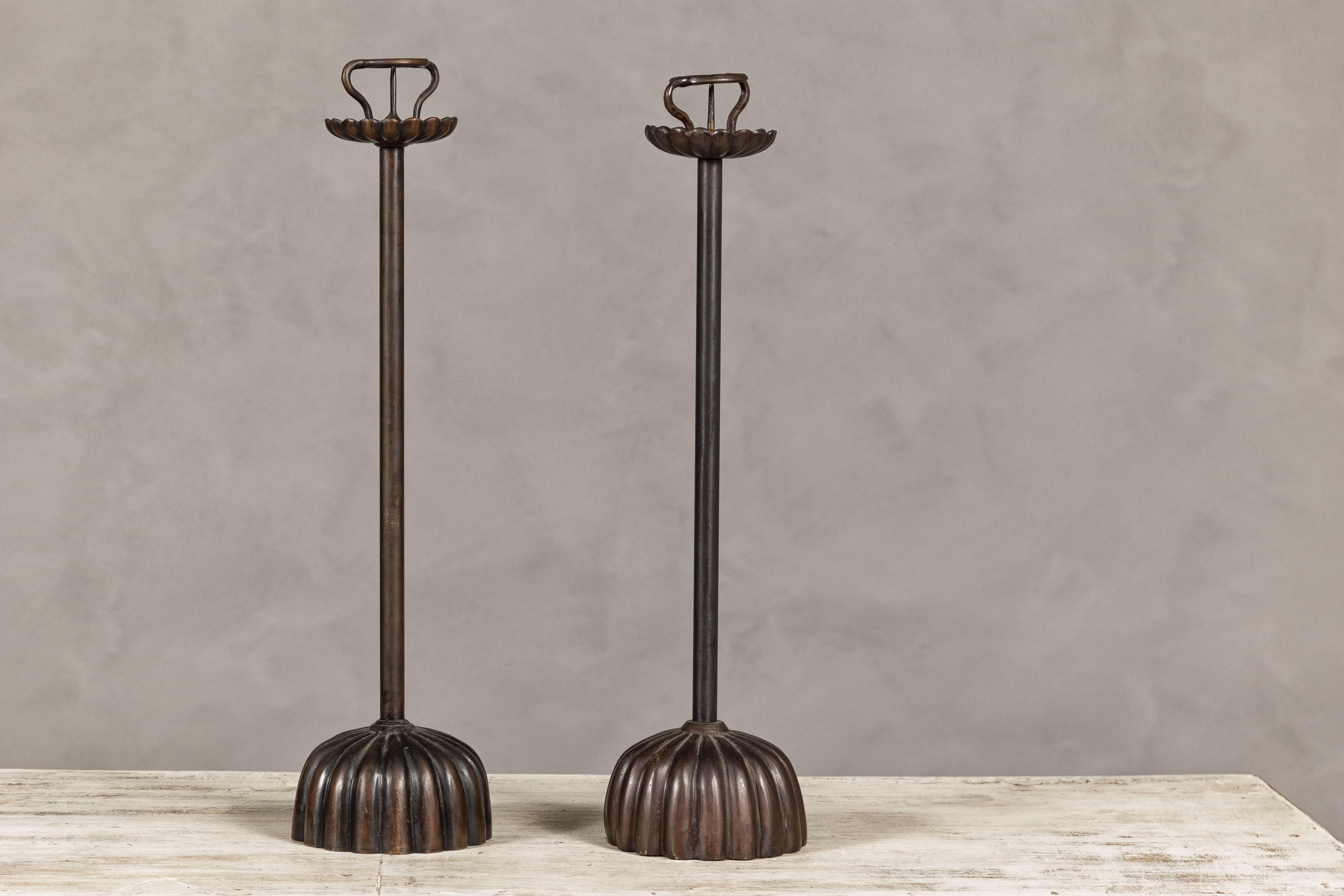 Near Pair of Japanese Metal Candleholders with Gadrooned Base For Sale 4