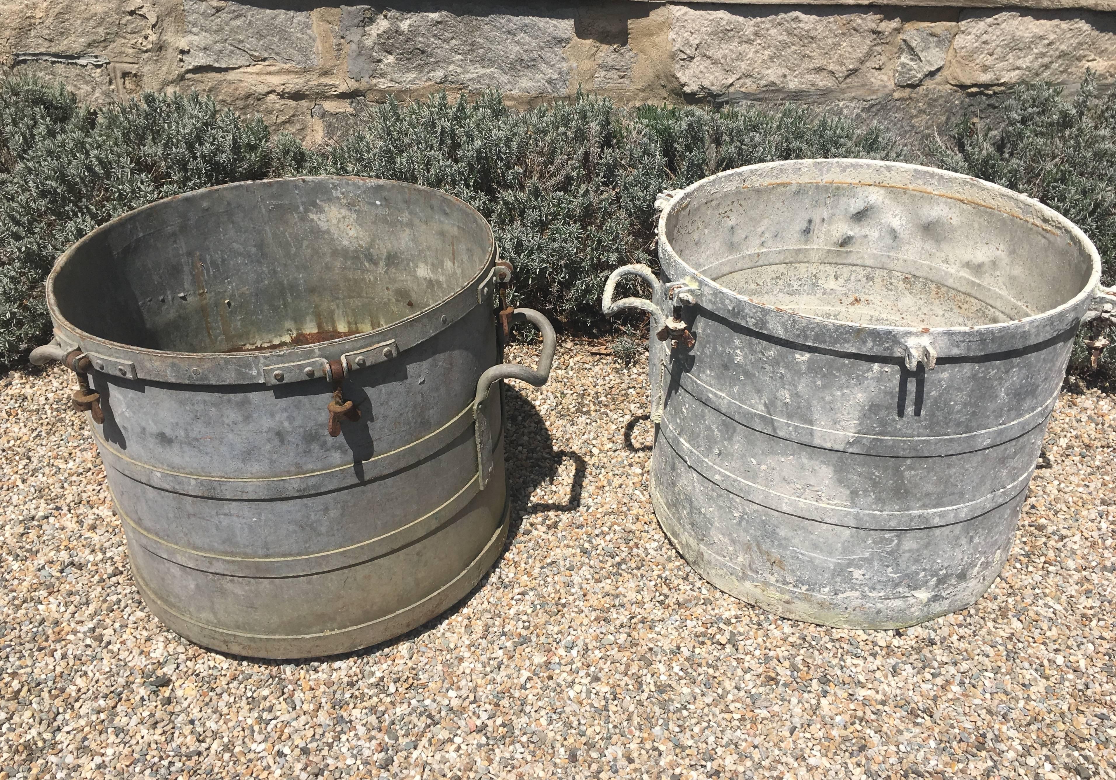 Near Pair of Large French Industrial Galvanized Zinc Tub Planters In Good Condition In Woodbury, CT