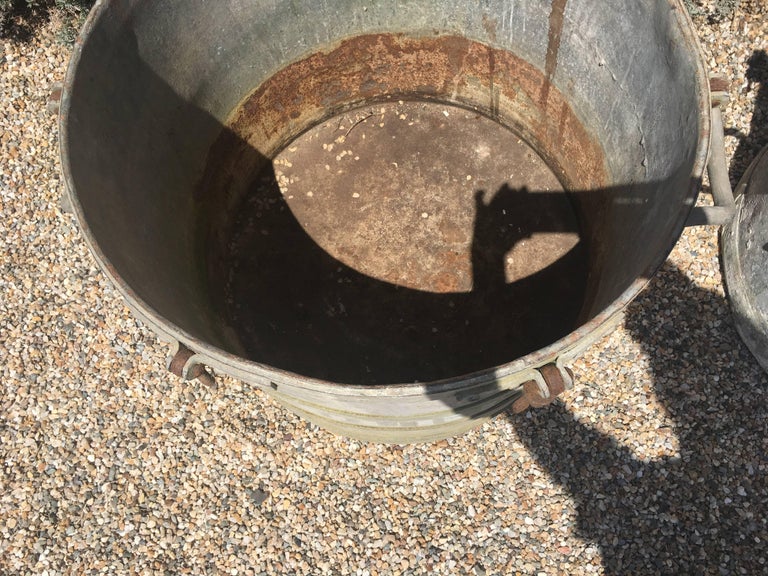 Near Pair of Large French Industrial Galvanized Zinc Tub Planters at