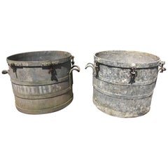 Antique Near Pair of Large French Industrial Galvanized Zinc Tub Planters