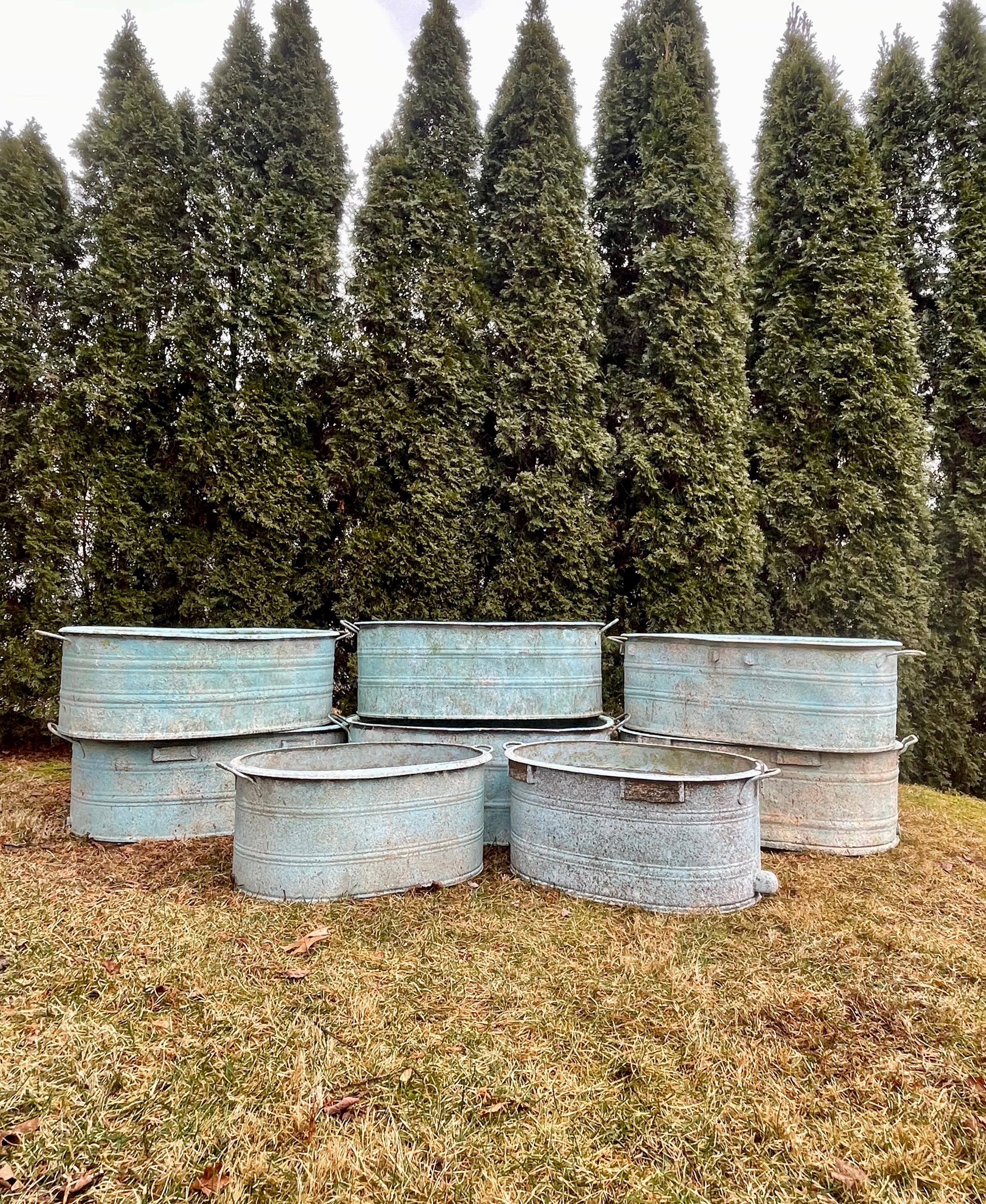 Near-Pair of Large German Oval Galvanized Planters with Custom Painted Surface For Sale 7