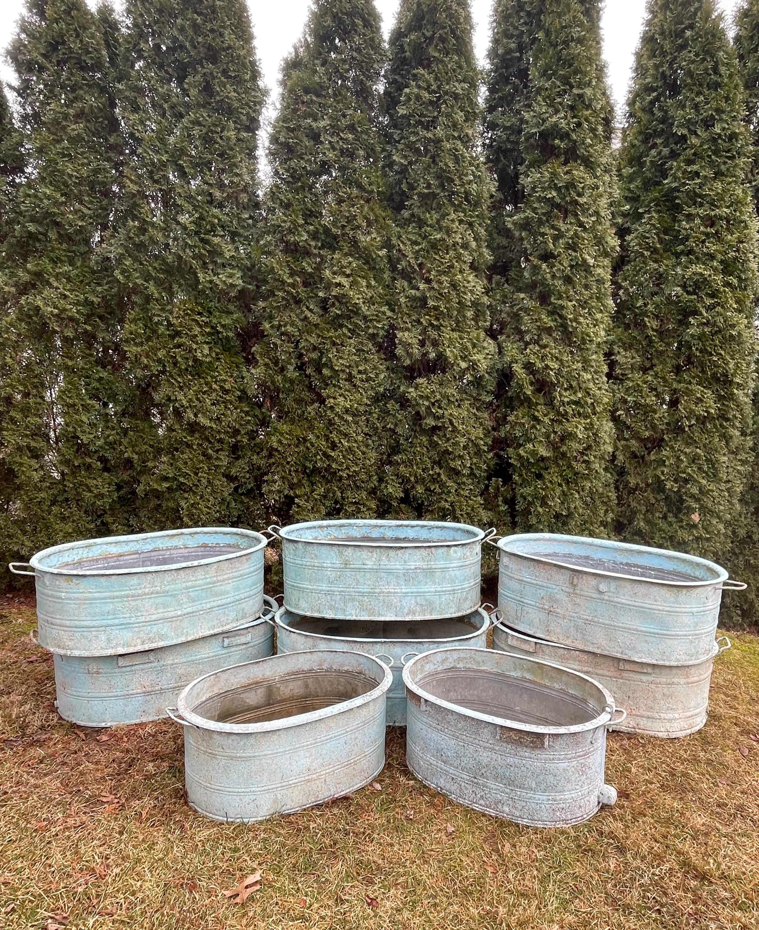 Near-Pair of Large German Oval Galvanized Planters with Custom Painted Surface For Sale 8