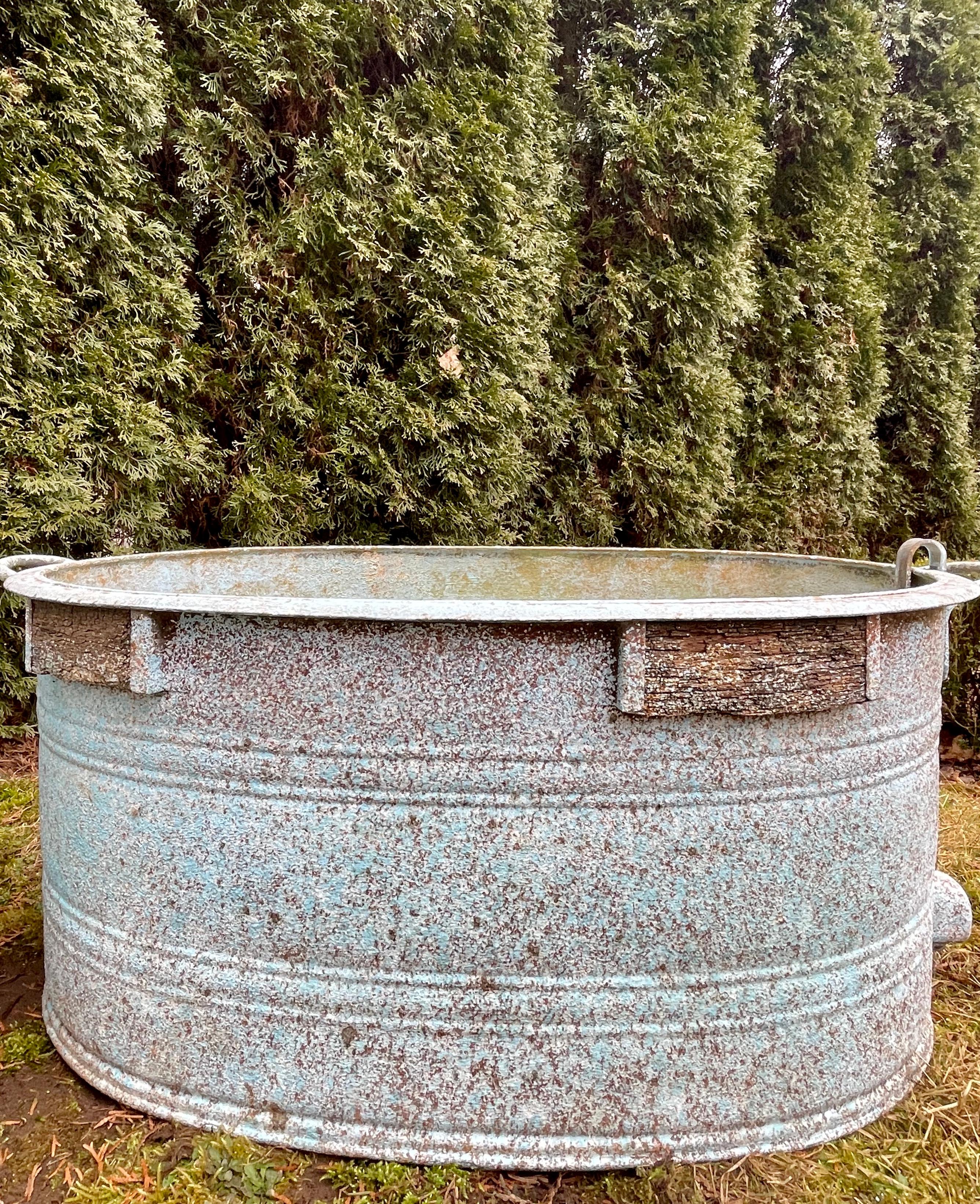 20th Century Near-Pair of Large German Oval Galvanized Planters with Custom Painted Surface For Sale