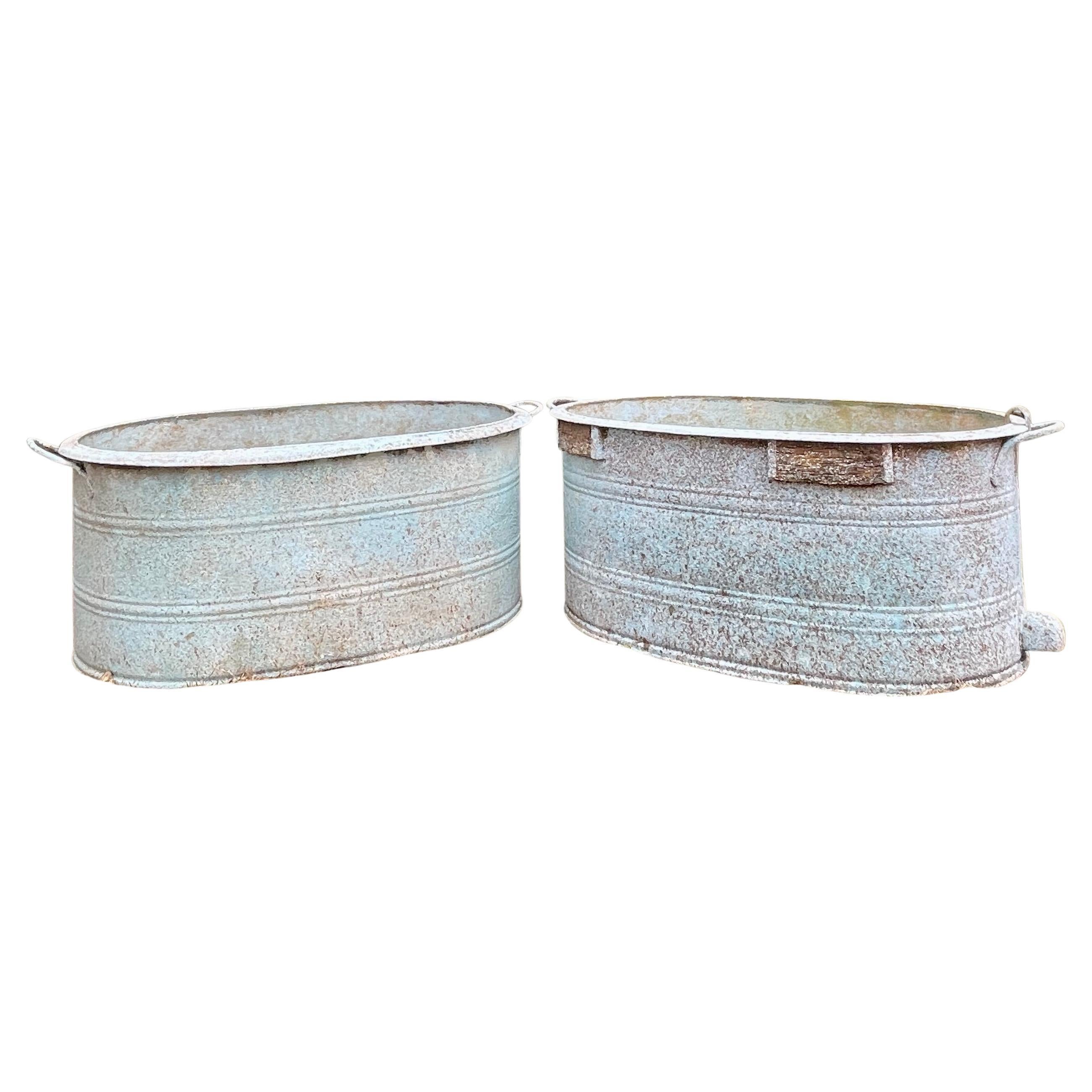 Near-Pair of Large German Oval Galvanized Planters with Custom Painted Surface