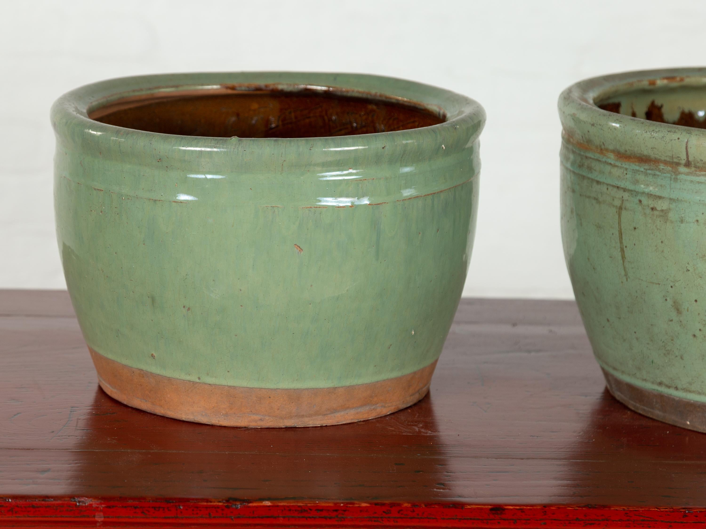 Near Pair of Large Vintage Chinese Green Glazed Ceramic Round Planters In Good Condition In Yonkers, NY