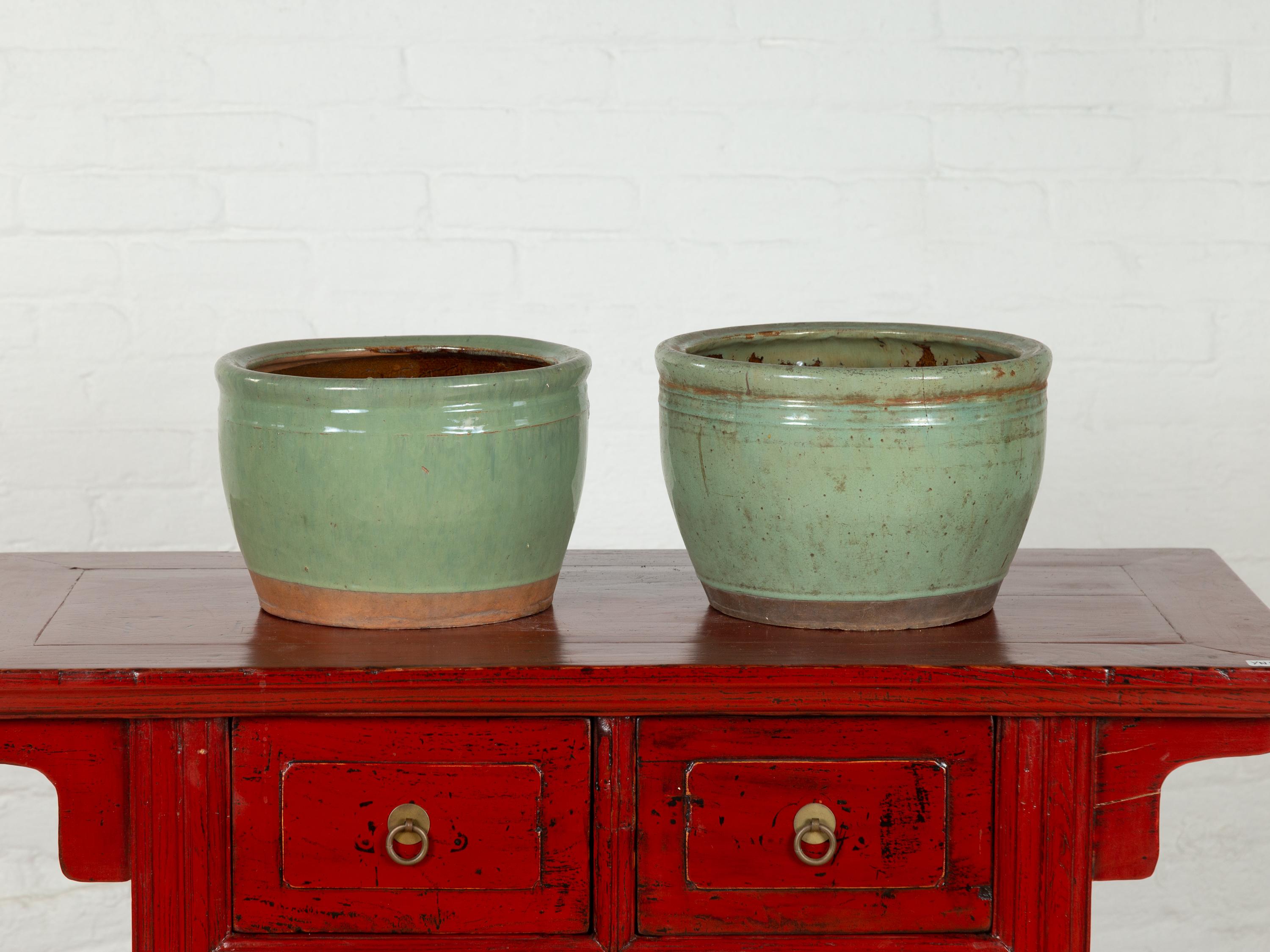 20th Century Near Pair of Large Vintage Chinese Green Glazed Ceramic Round Planters