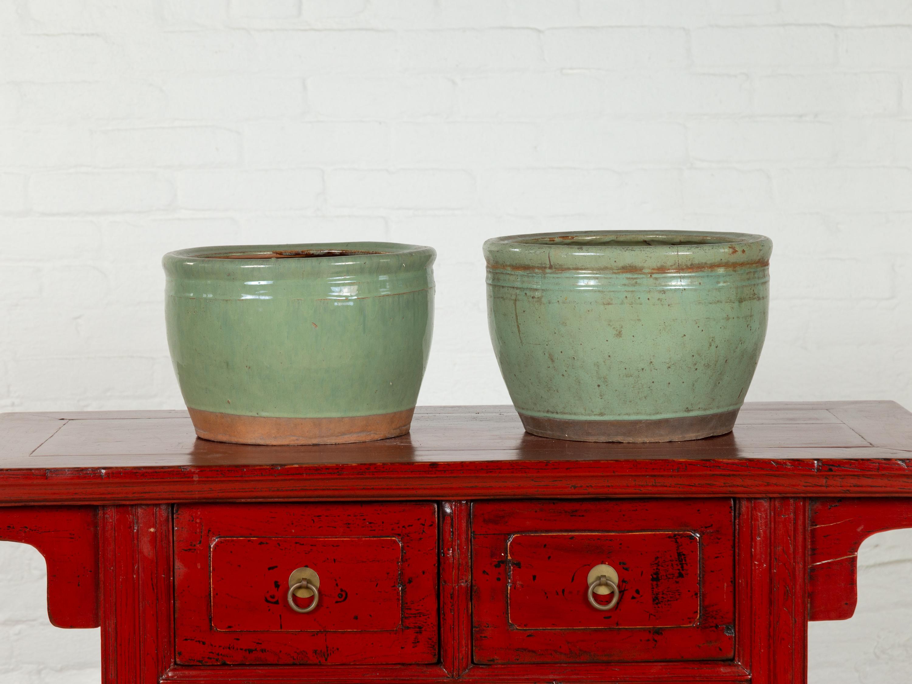 Near Pair of Large Vintage Chinese Green Glazed Ceramic Round Planters 1