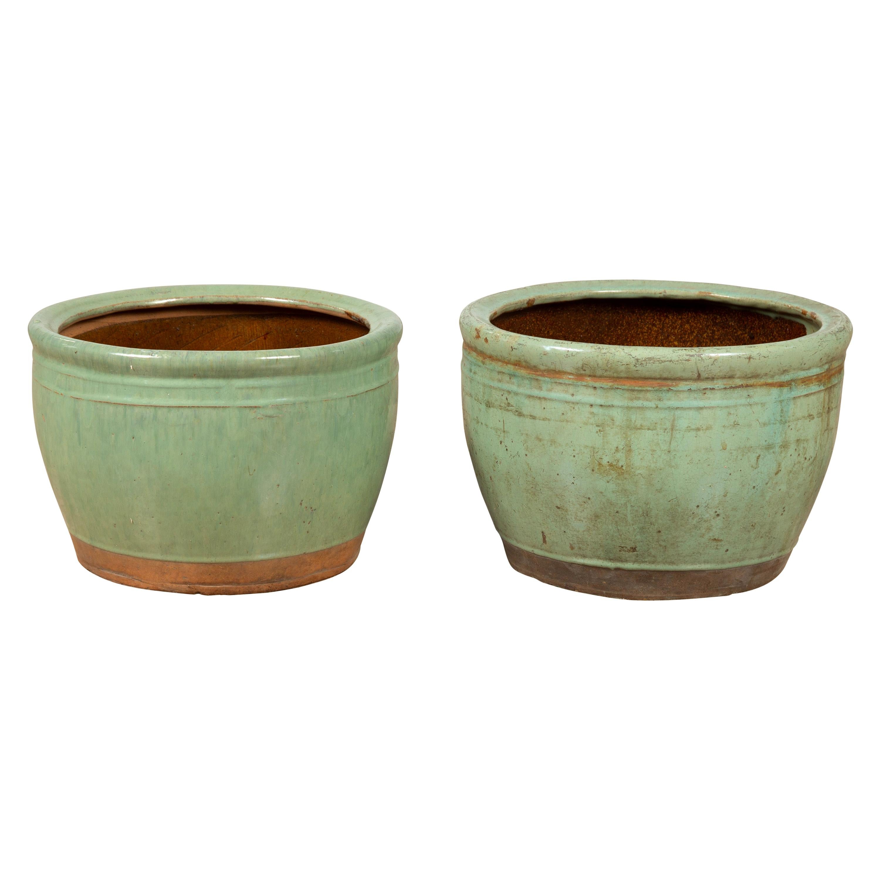 Near Pair of Large Vintage Chinese Green Glazed Ceramic Round Planters