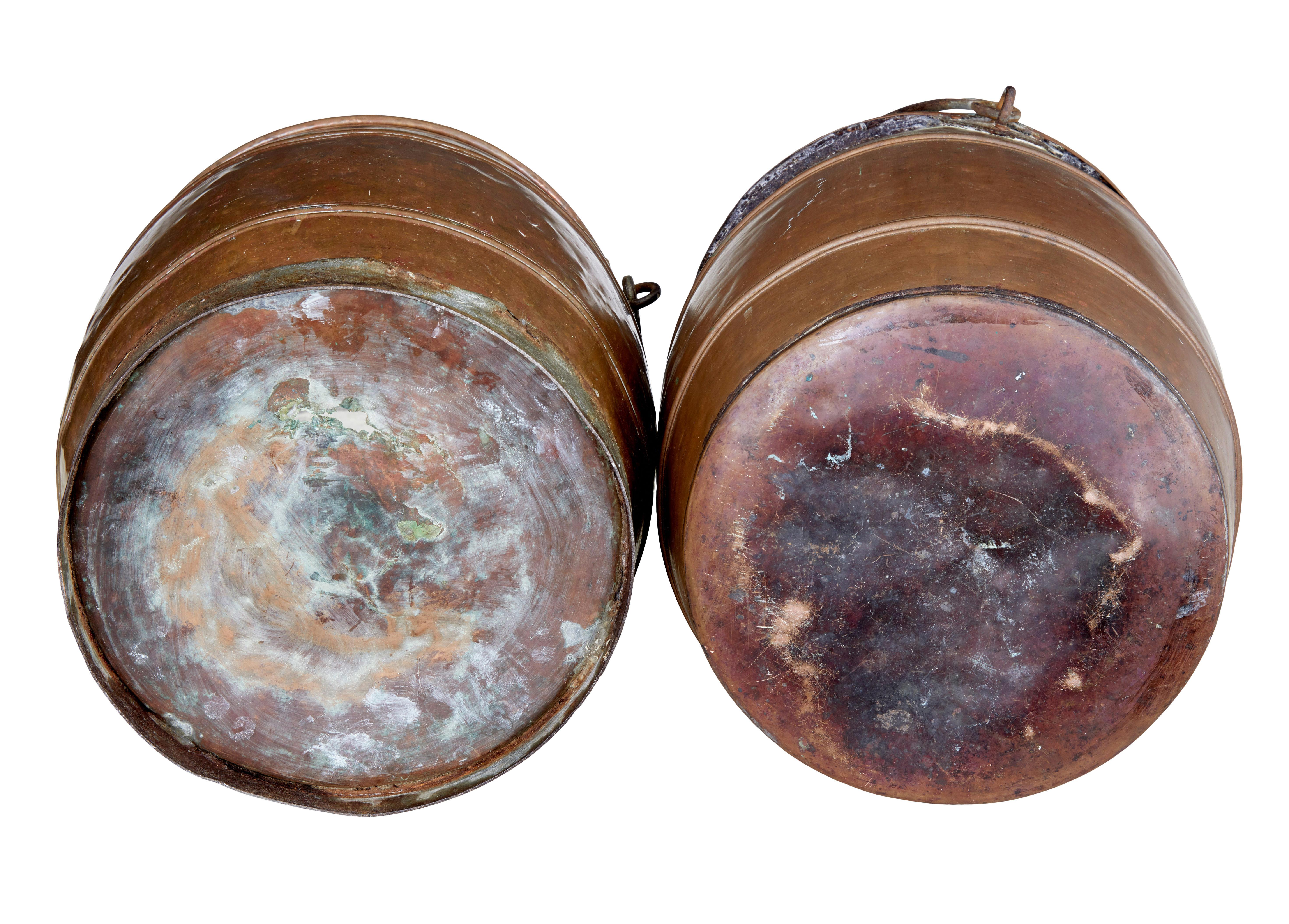 Hand-Crafted Near pair of late 19th century copper buckets For Sale
