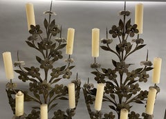 Near Pair of Louis XIV Wood & Metal Flower & Urn Form 9-Light Candelabra
