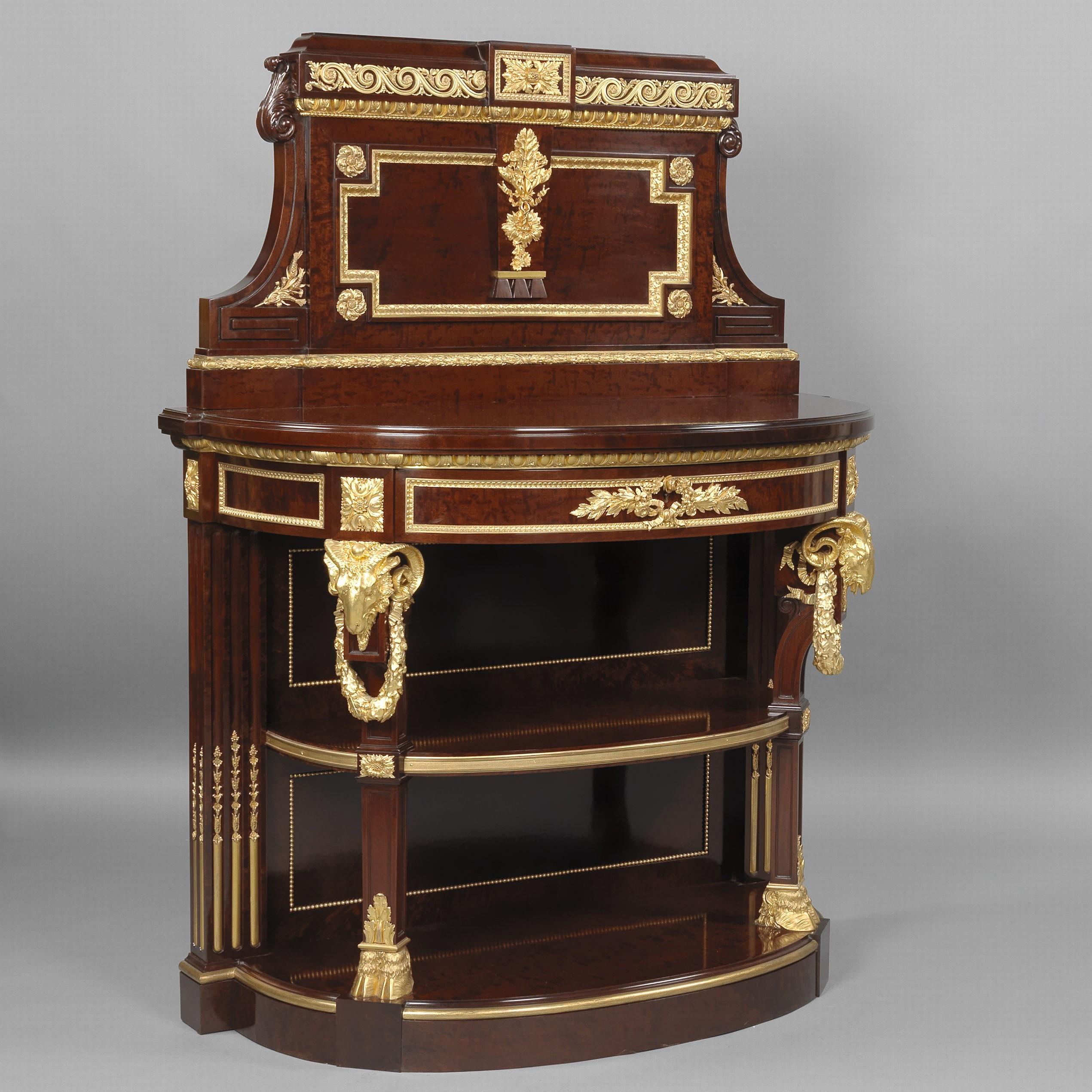 A near pair of mahogany consoles Dessertes with exceptional gilt bronze Ram’s Head Mounts, by Maison Grohé.

Stamped ‘GROHÉ / A PARIS’. 

Grohé, Guillaume & Jean Michel

Guillaume and Jean-Michel Grohé, worked together from 1829 until