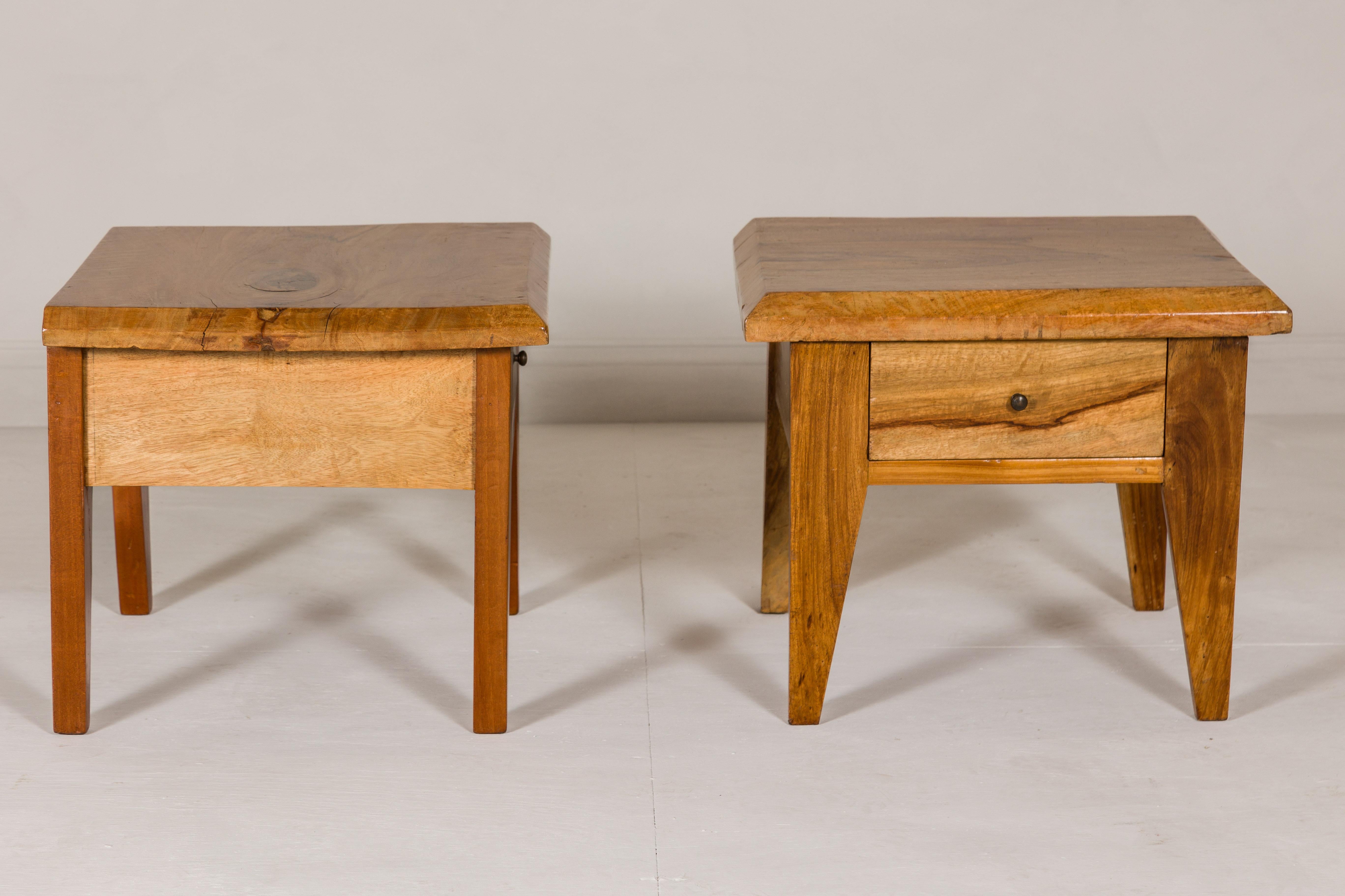 Near Pair of Mango Wood Midcentury Low Side Tables with Single Drawers For Sale 8