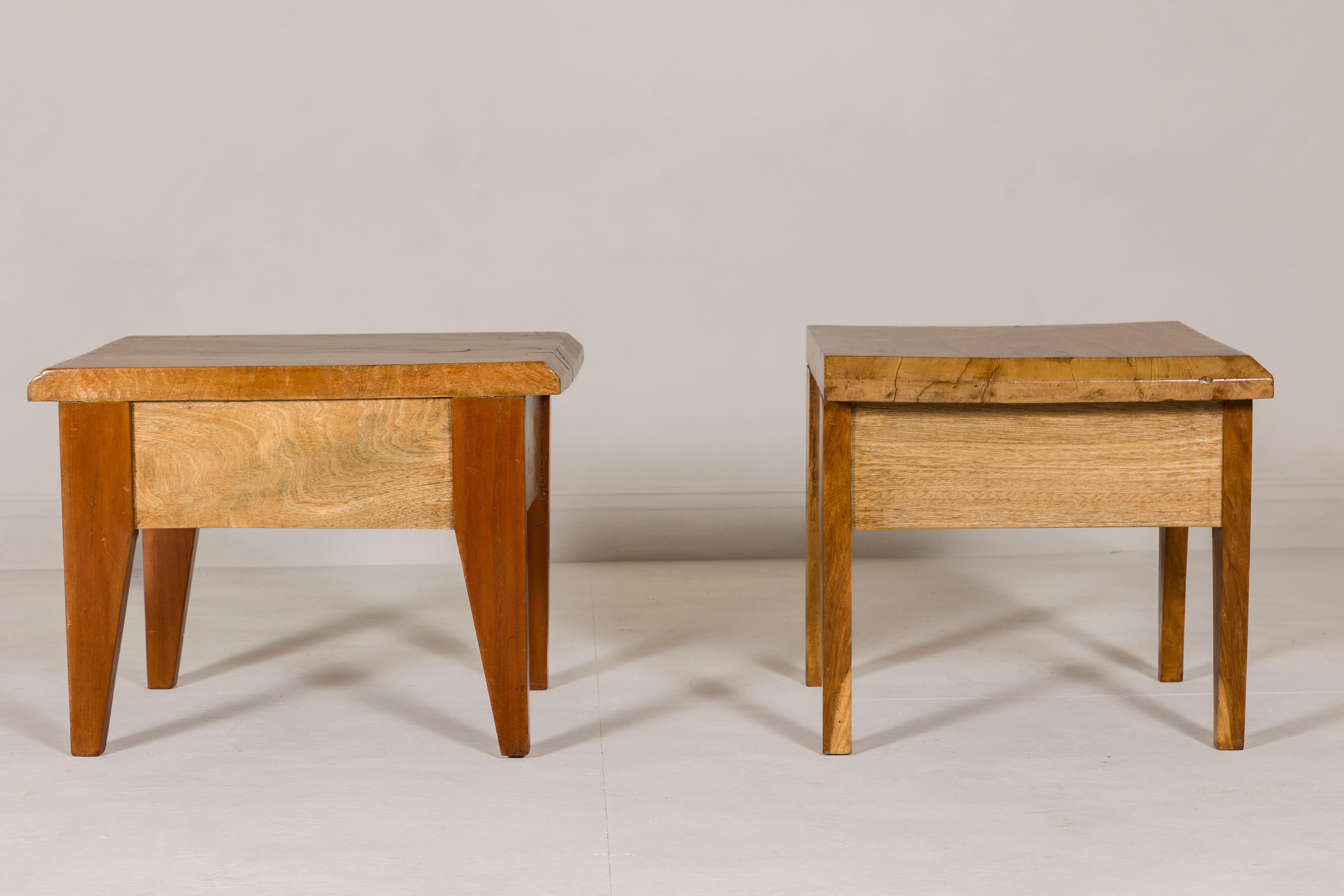 Near Pair of Mango Wood Midcentury Low Side Tables with Single Drawers For Sale 9