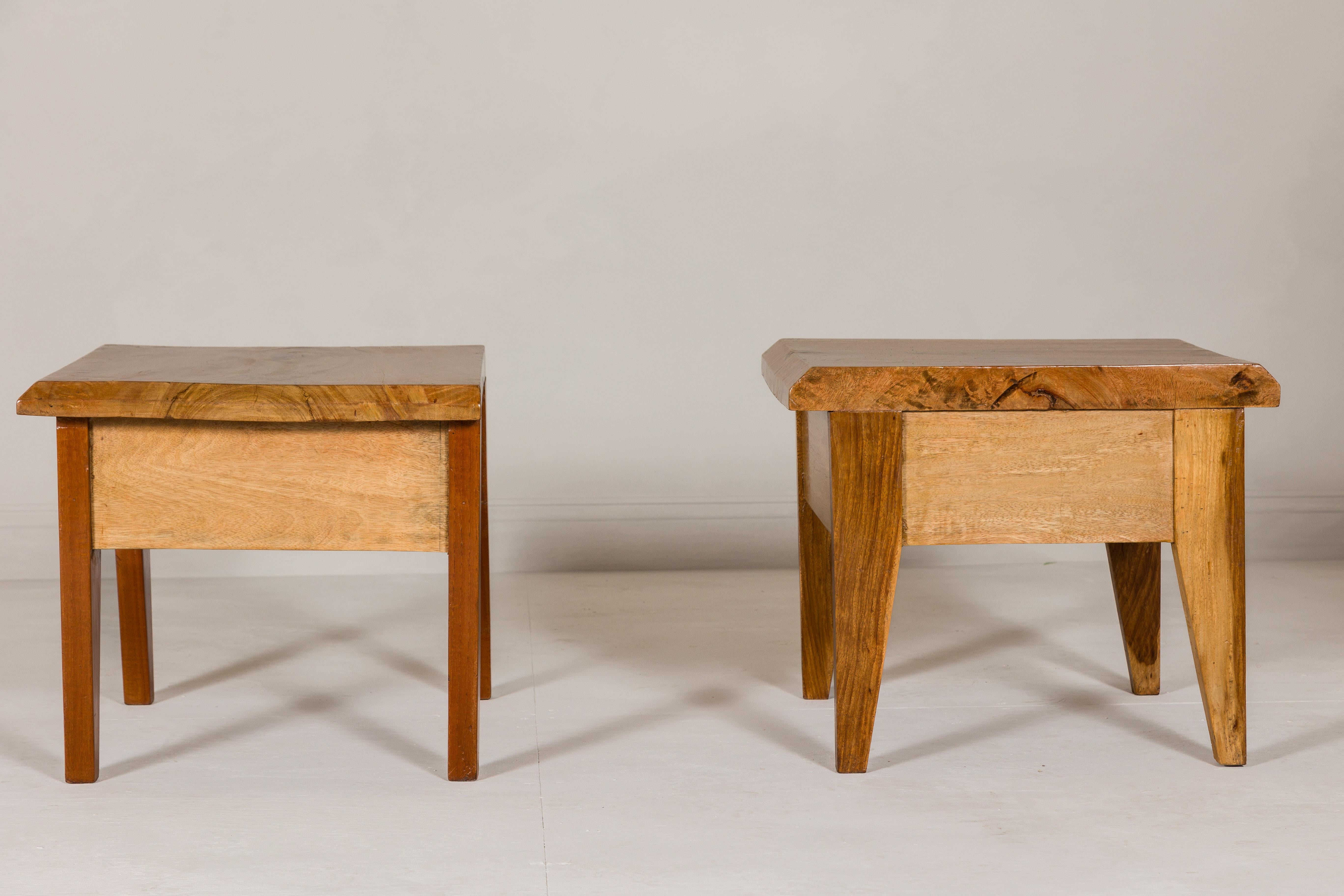 Near Pair of Mango Wood Midcentury Low Side Tables with Single Drawers For Sale 10