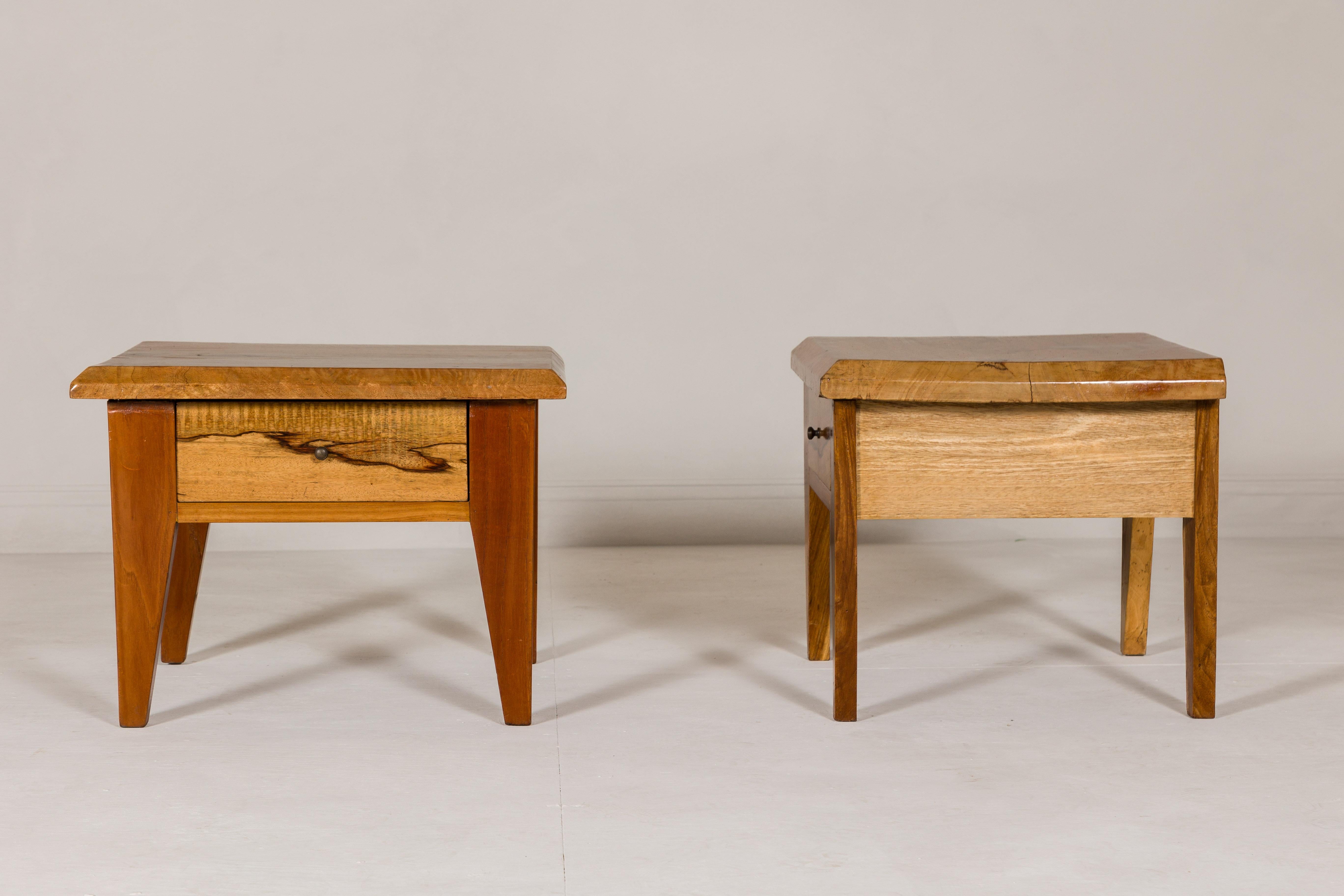 Near Pair of Mango Wood Midcentury Low Side Tables with Single Drawers For Sale 11