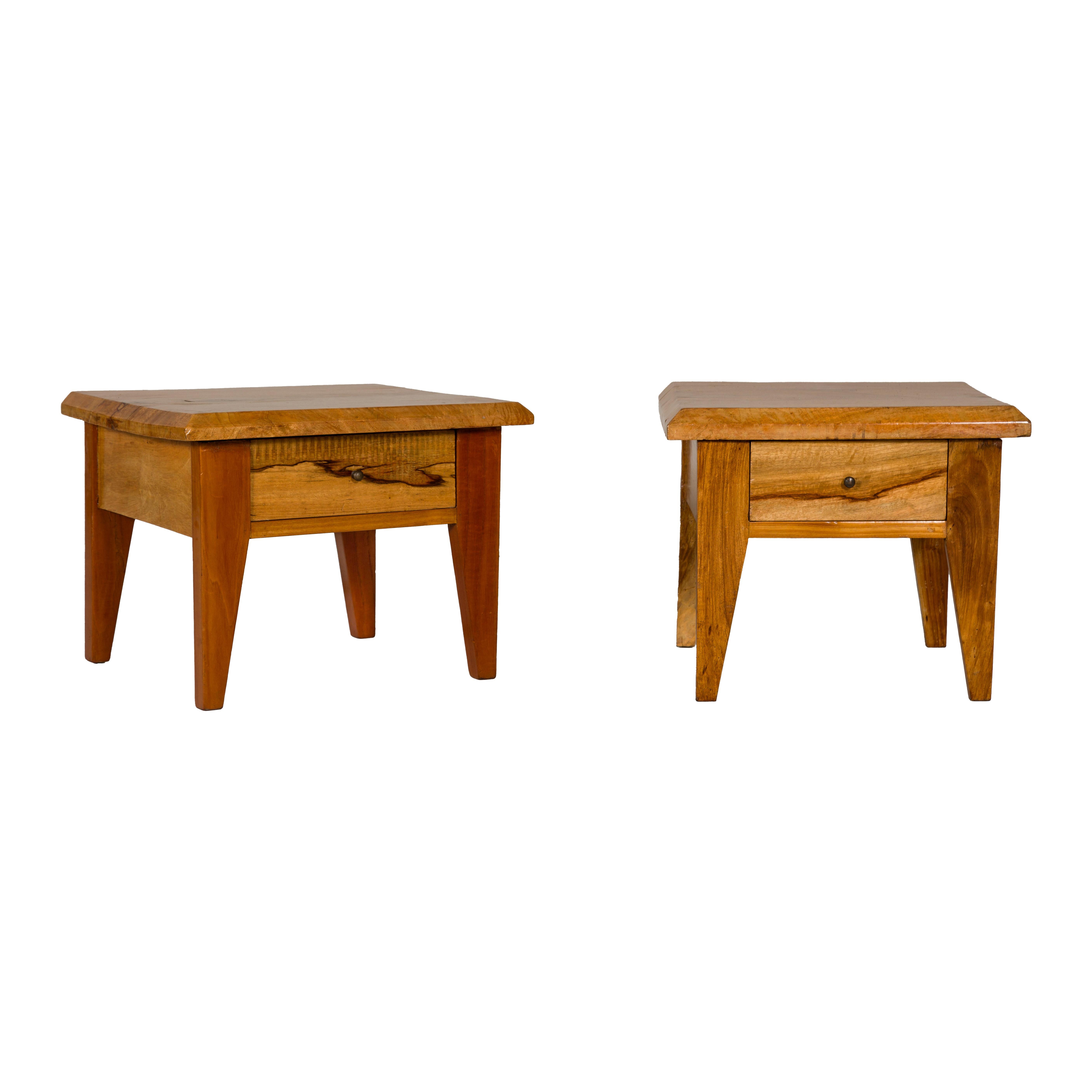 Near Pair of Mango Wood Midcentury Low Side Tables with Single Drawers For Sale 12