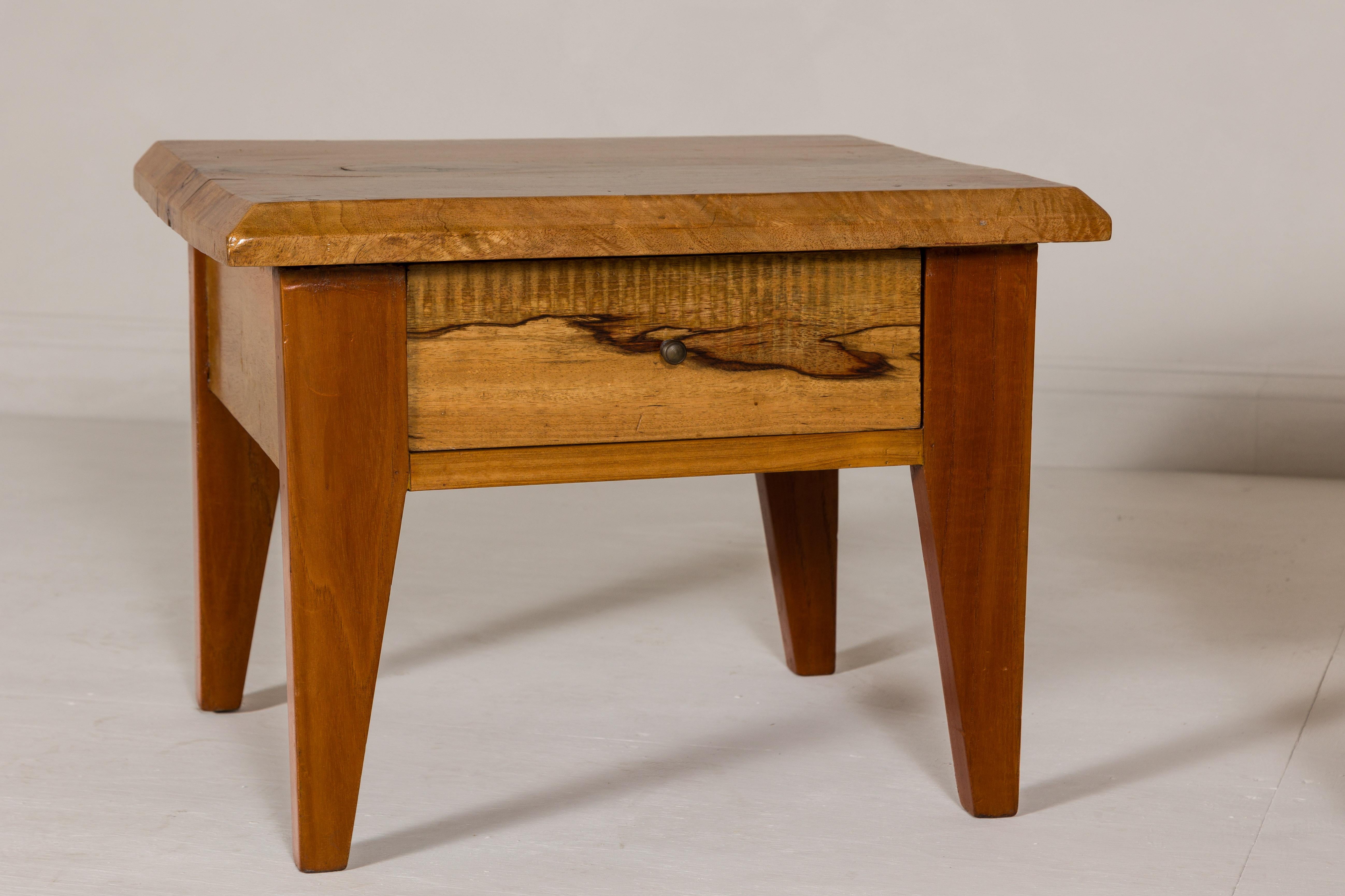 Near Pair of Mango Wood Midcentury Low Side Tables with Single Drawers In Good Condition For Sale In Yonkers, NY