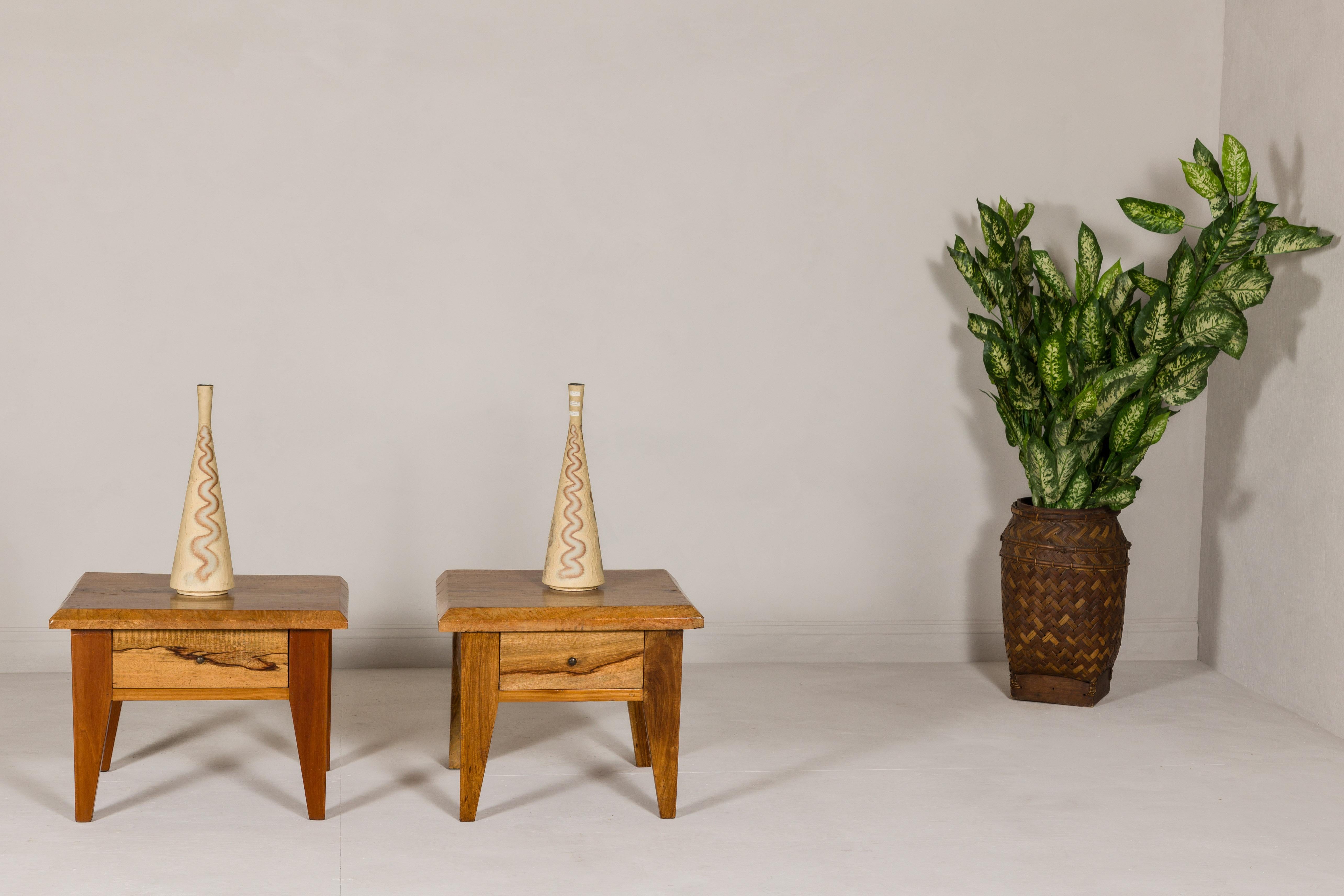 20th Century Near Pair of Mango Wood Midcentury Low Side Tables with Single Drawers For Sale