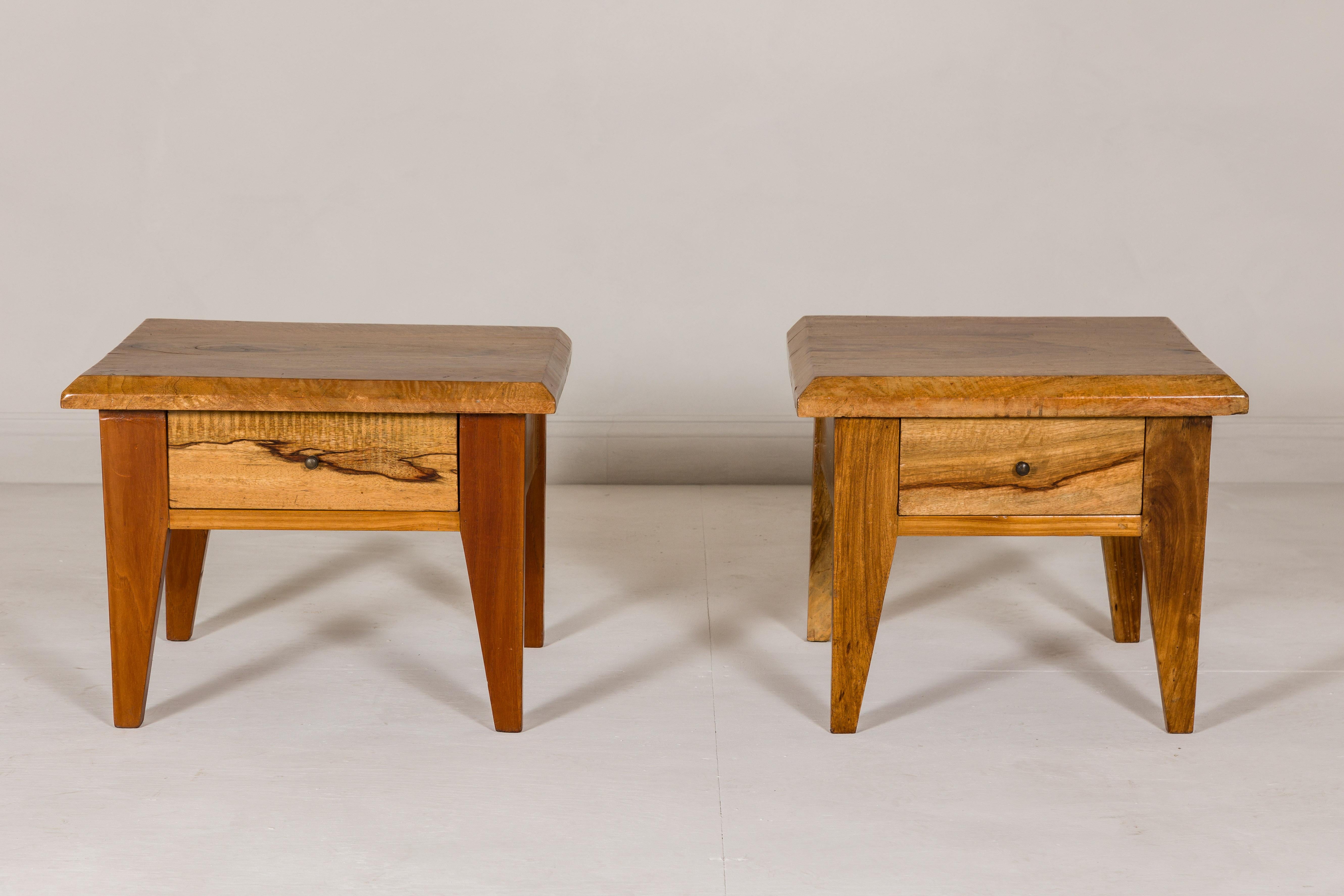 Near Pair of Mango Wood Midcentury Low Side Tables with Single Drawers For Sale 1