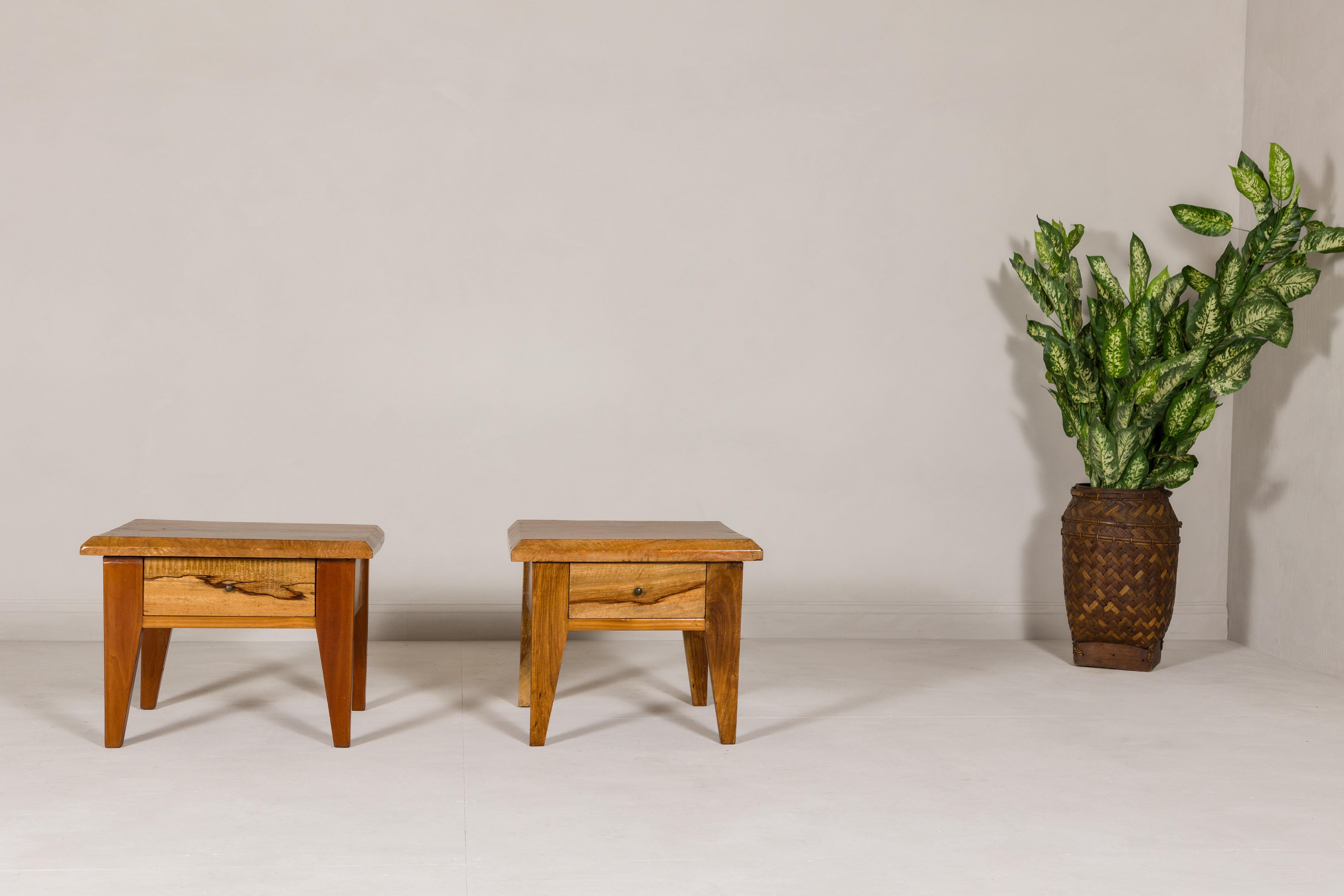 Near Pair of Mango Wood Midcentury Low Side Tables with Single Drawers For Sale 2