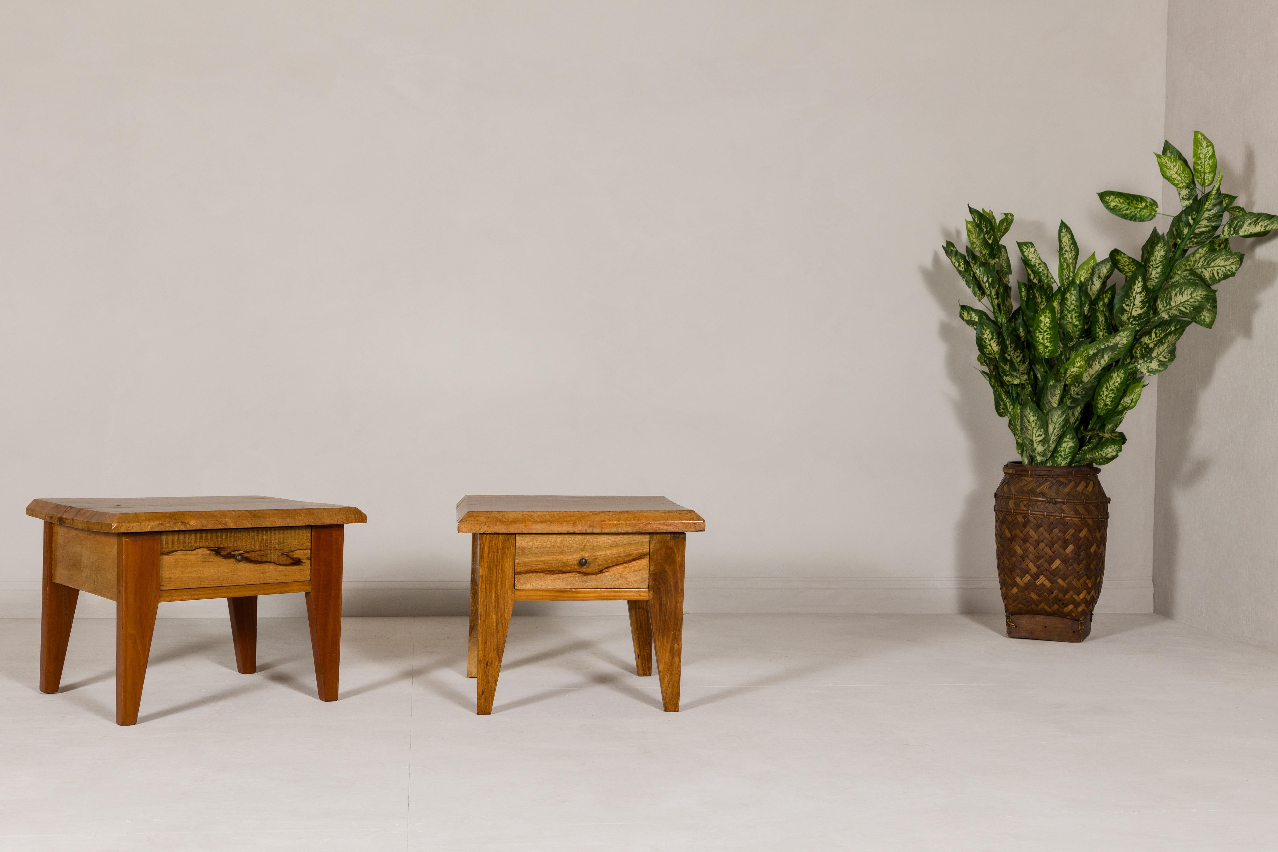 Near Pair of Mango Wood Midcentury Low Side Tables with Single Drawers For Sale 3