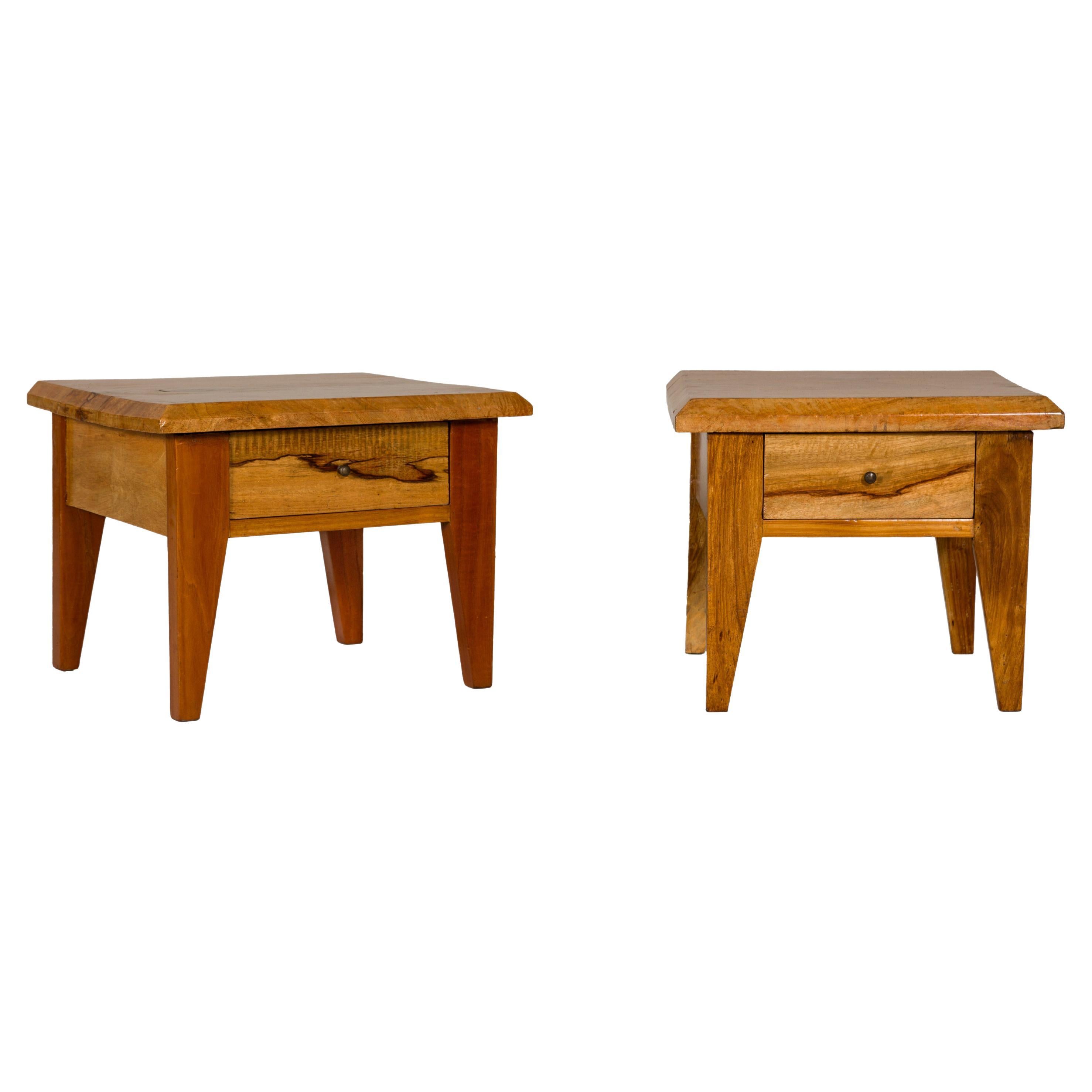 Near Pair of Mango Wood Midcentury Low Side Tables with Single Drawers For Sale