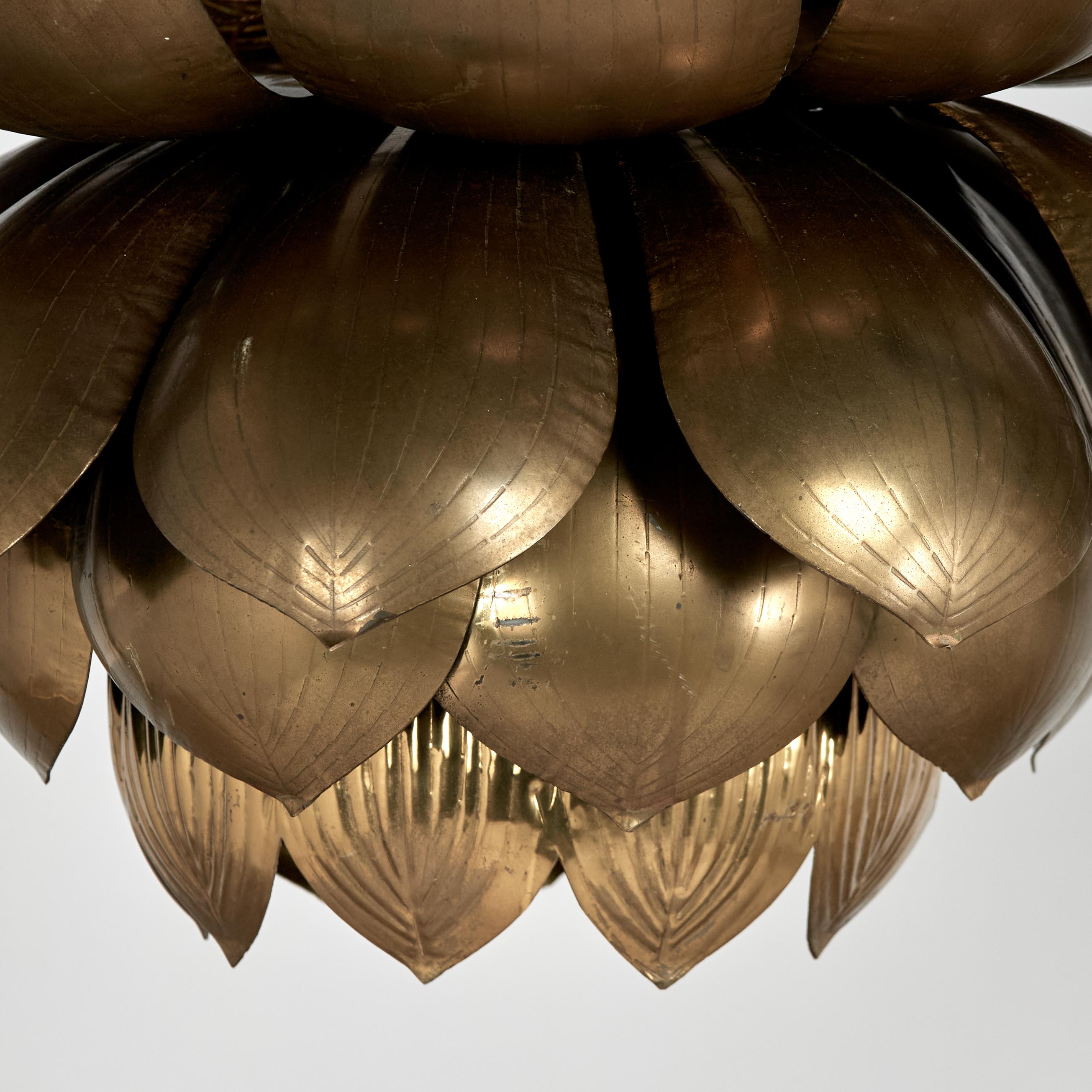 Hand-Crafted Near Pair of Mid Century Brass Lotus Pendants, Priced Individually For Sale