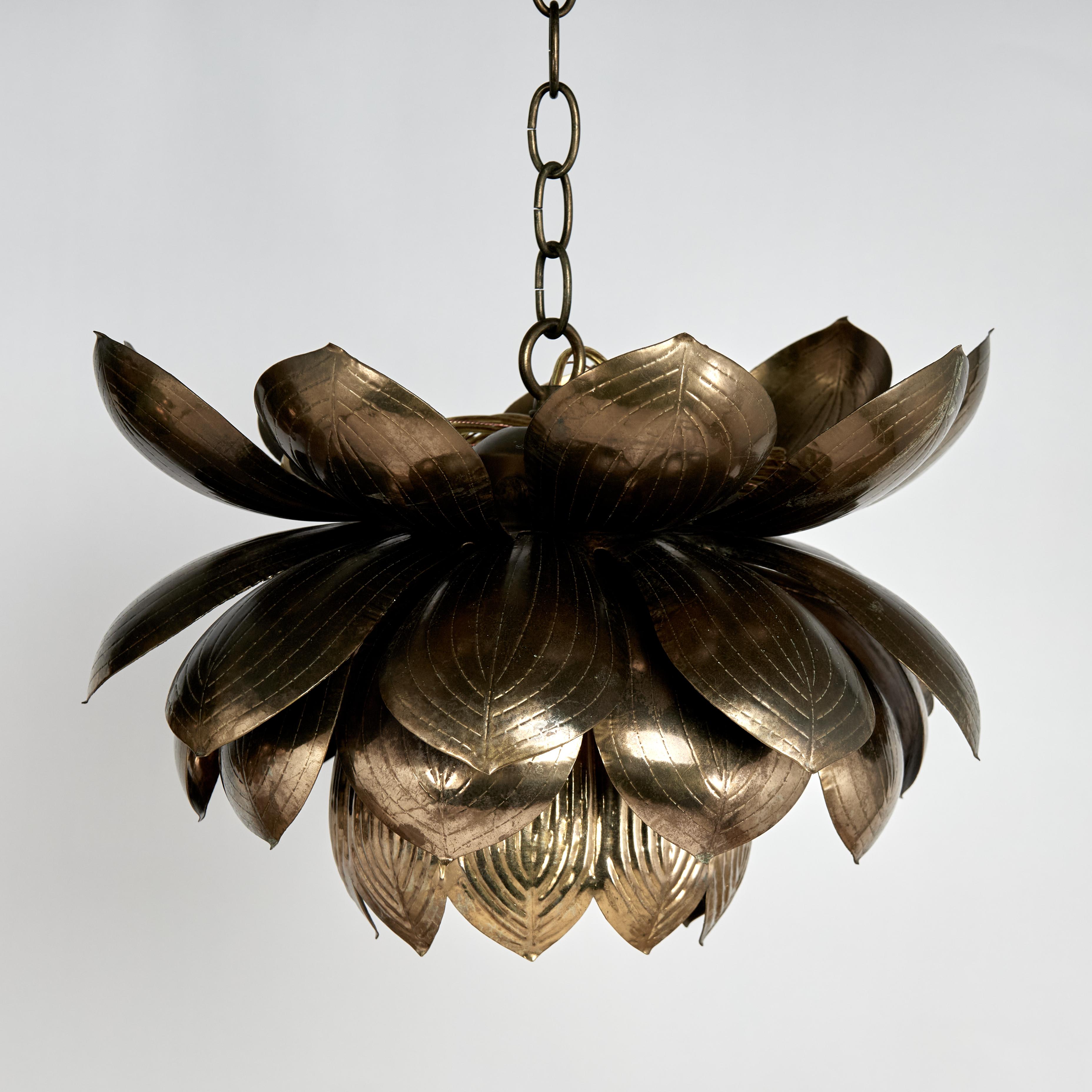 Near Pair of Mid Century Brass Lotus Pendants, Priced Individually In Good Condition For Sale In Palm Beach, FL
