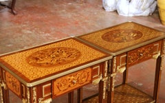 Near Pair of Mid-Century French Louis XVI Ormolu Marquetry Side Tables