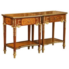 Near Pair of Mid-Century French Louis XVI Ormolu Marquetry Side Tables